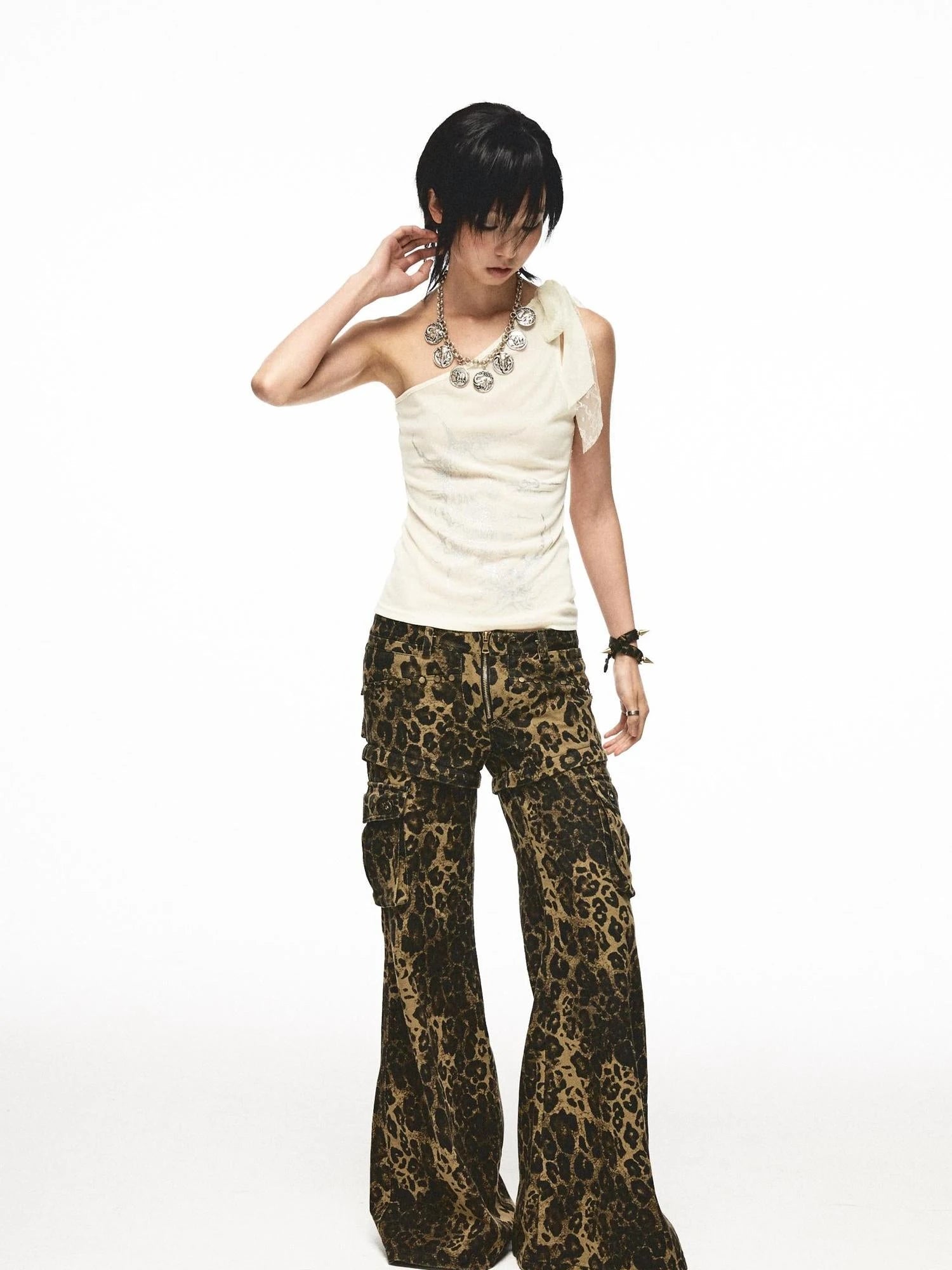 Single Shoulder Lace Patch Sheer Stretch Top