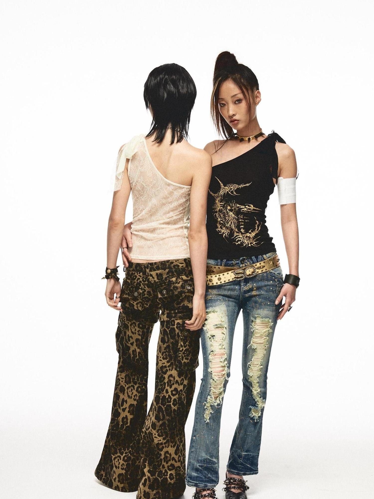 NONAME SPACE Single Shoulder Lace Patch Sheer Stretch Top