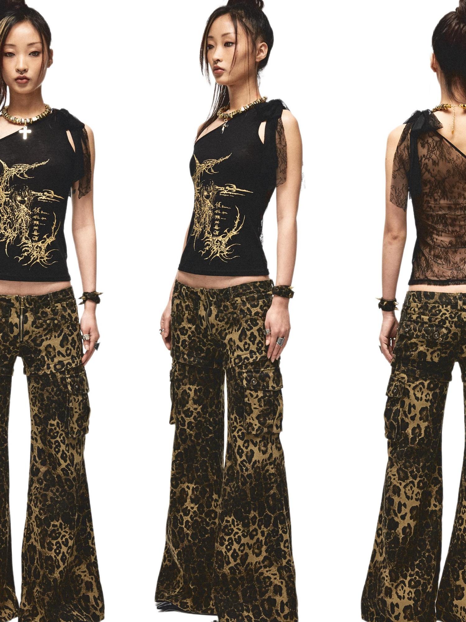NONAME SPACE Single Shoulder Lace Patch Sheer Stretch Top