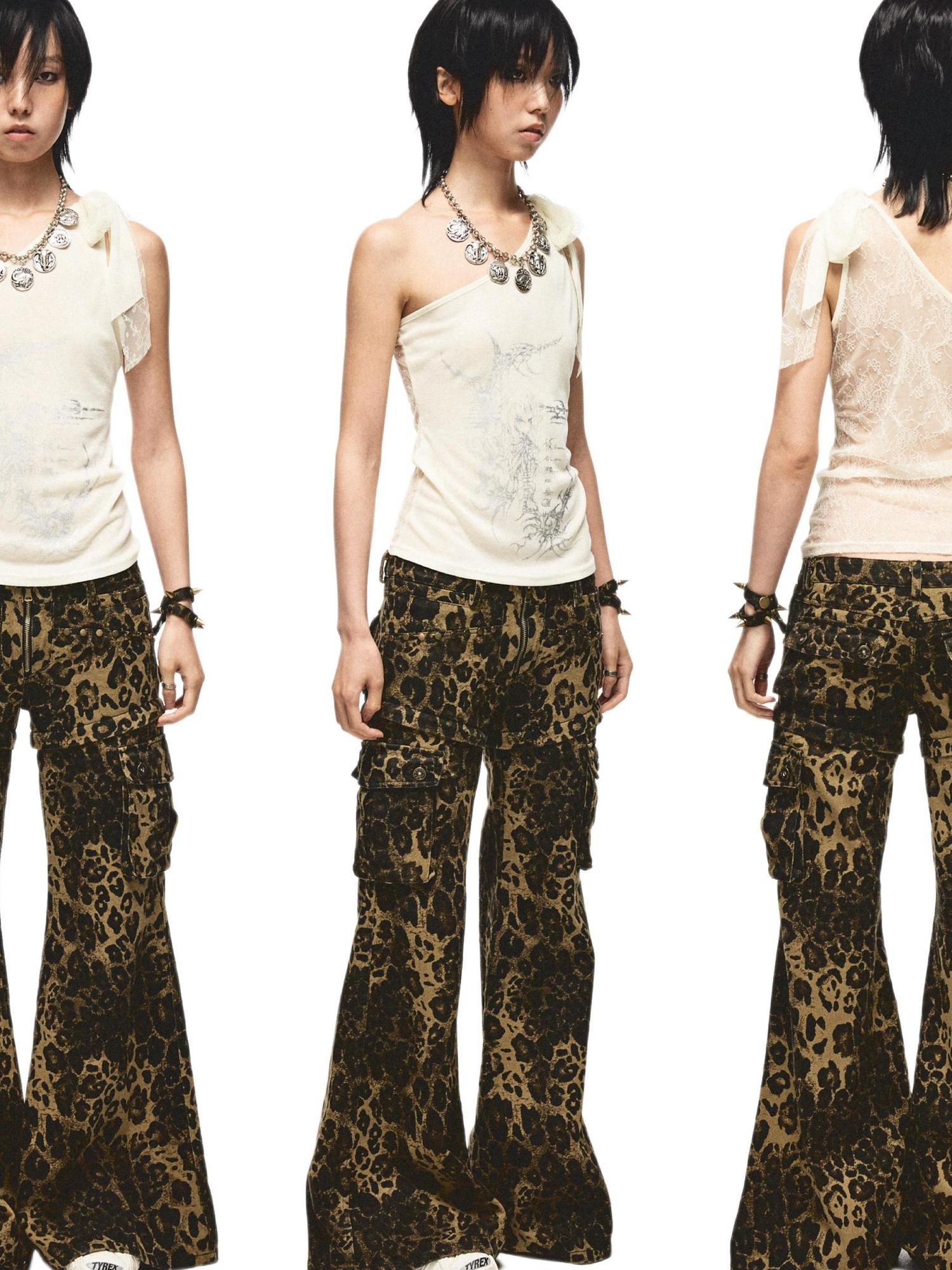 NONAME SPACE Single Shoulder Lace Patch Sheer Stretch Top