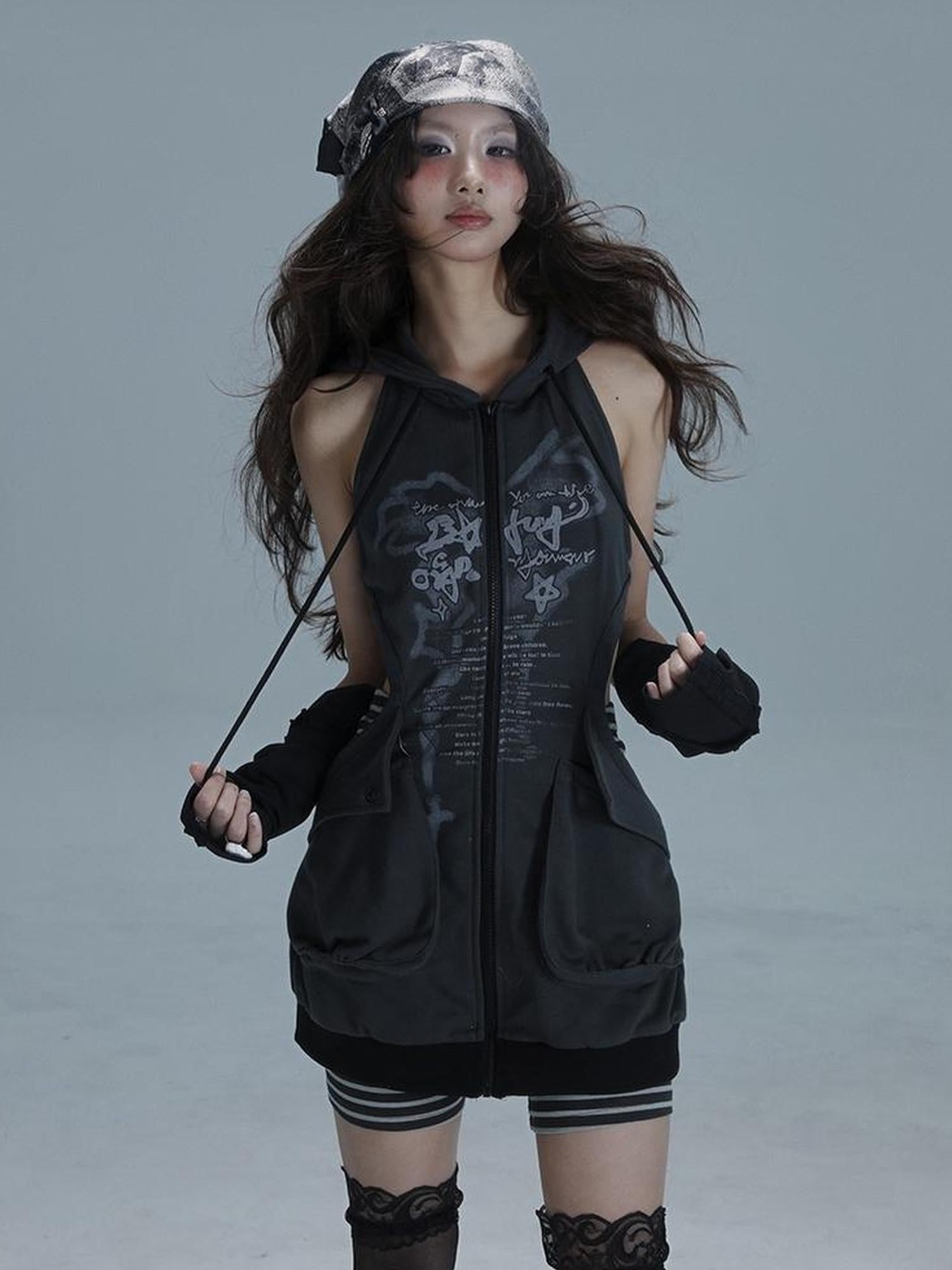 WSW WUSHENWU Sleepy Hollow Punk Cutout Hoodie Dress Set