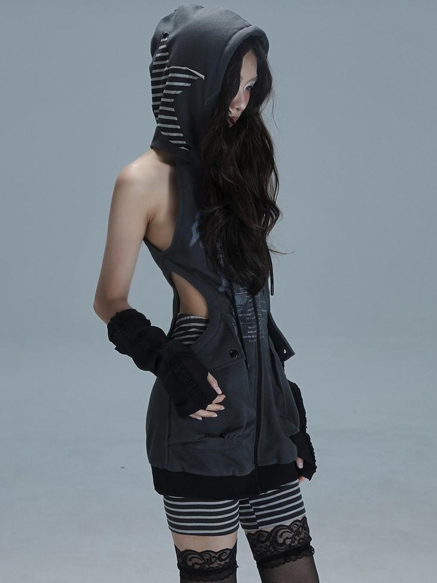 WSW WUSHENWU Sleepy Hollow Punk Cutout Hoodie Dress Set