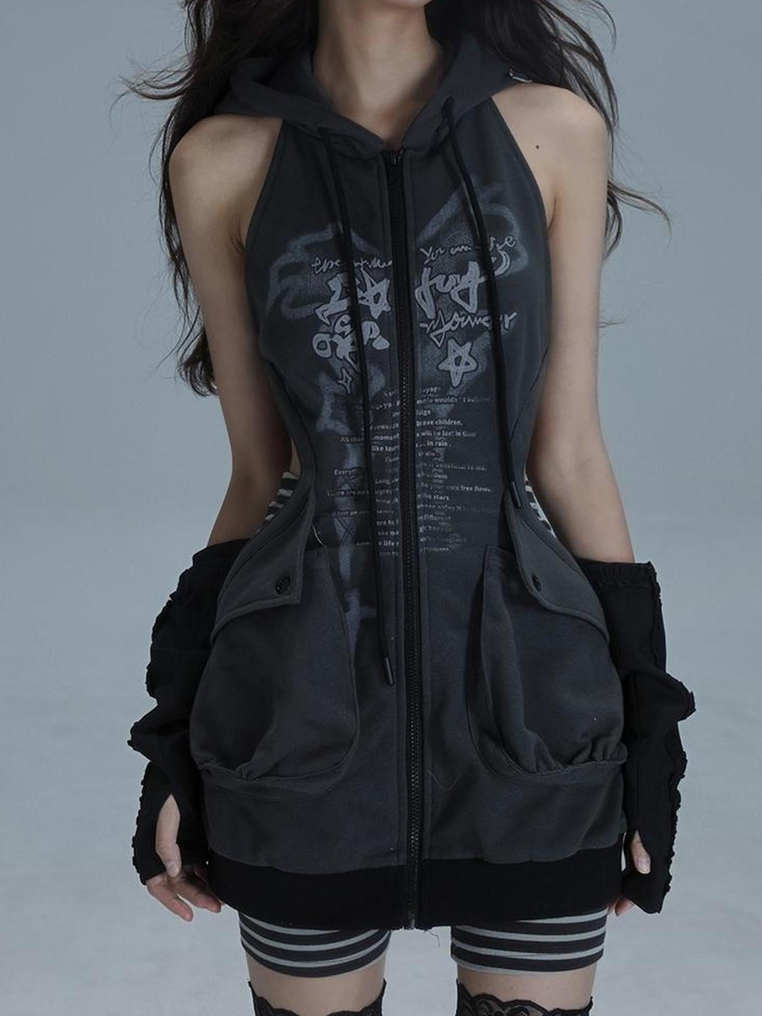 WSW WUSHENWU Sleepy Hollow Punk Cutout Hoodie Dress Set