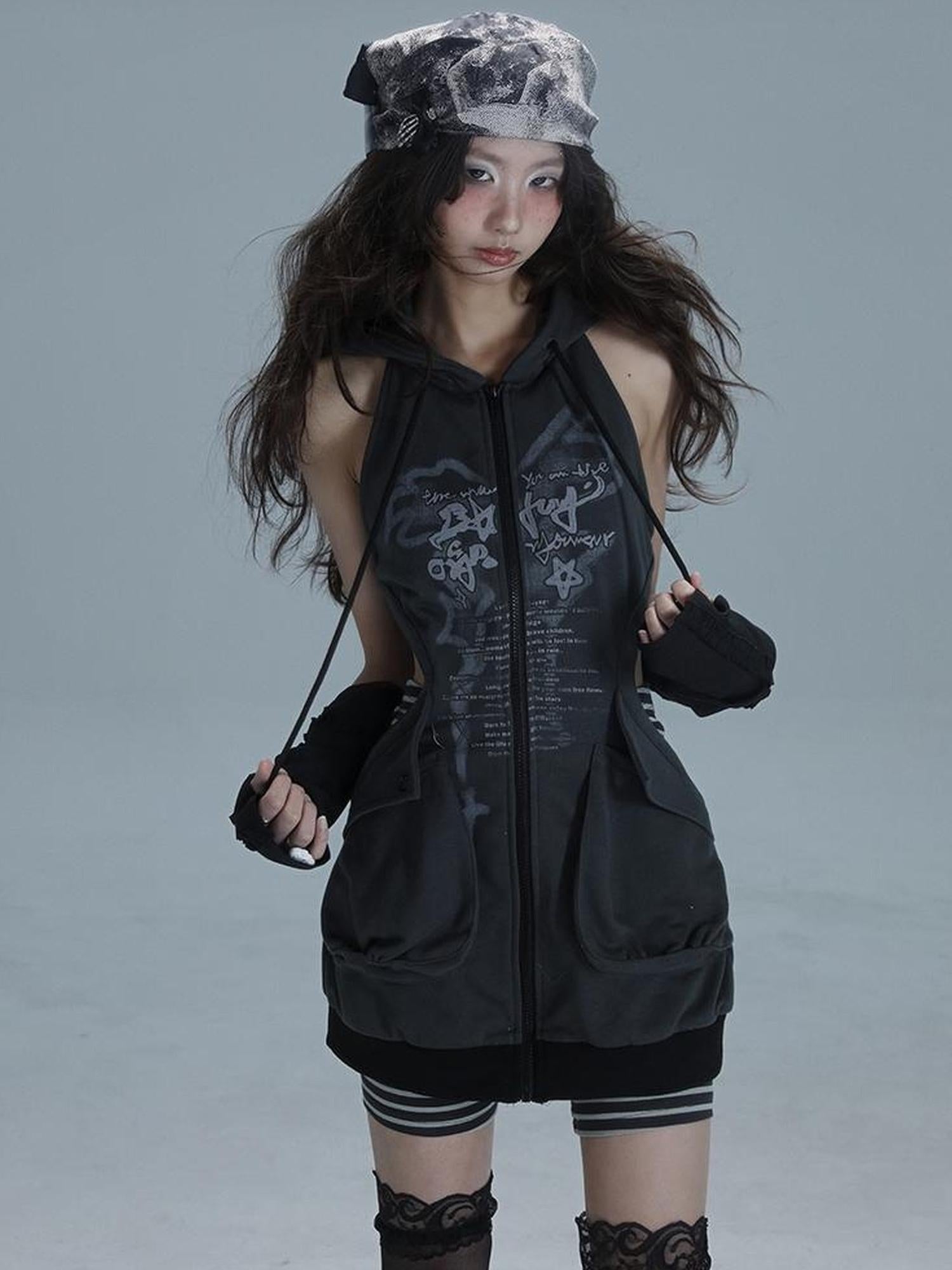 WSW WUSHENWU Sleepy Hollow Punk Cutout Hoodie Dress Set