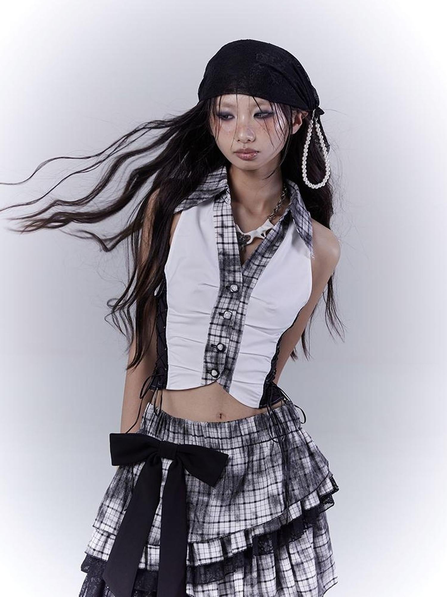WSW WUSHENWU Slim Fit Checkered Spliced Shirt With Contrast Detailing