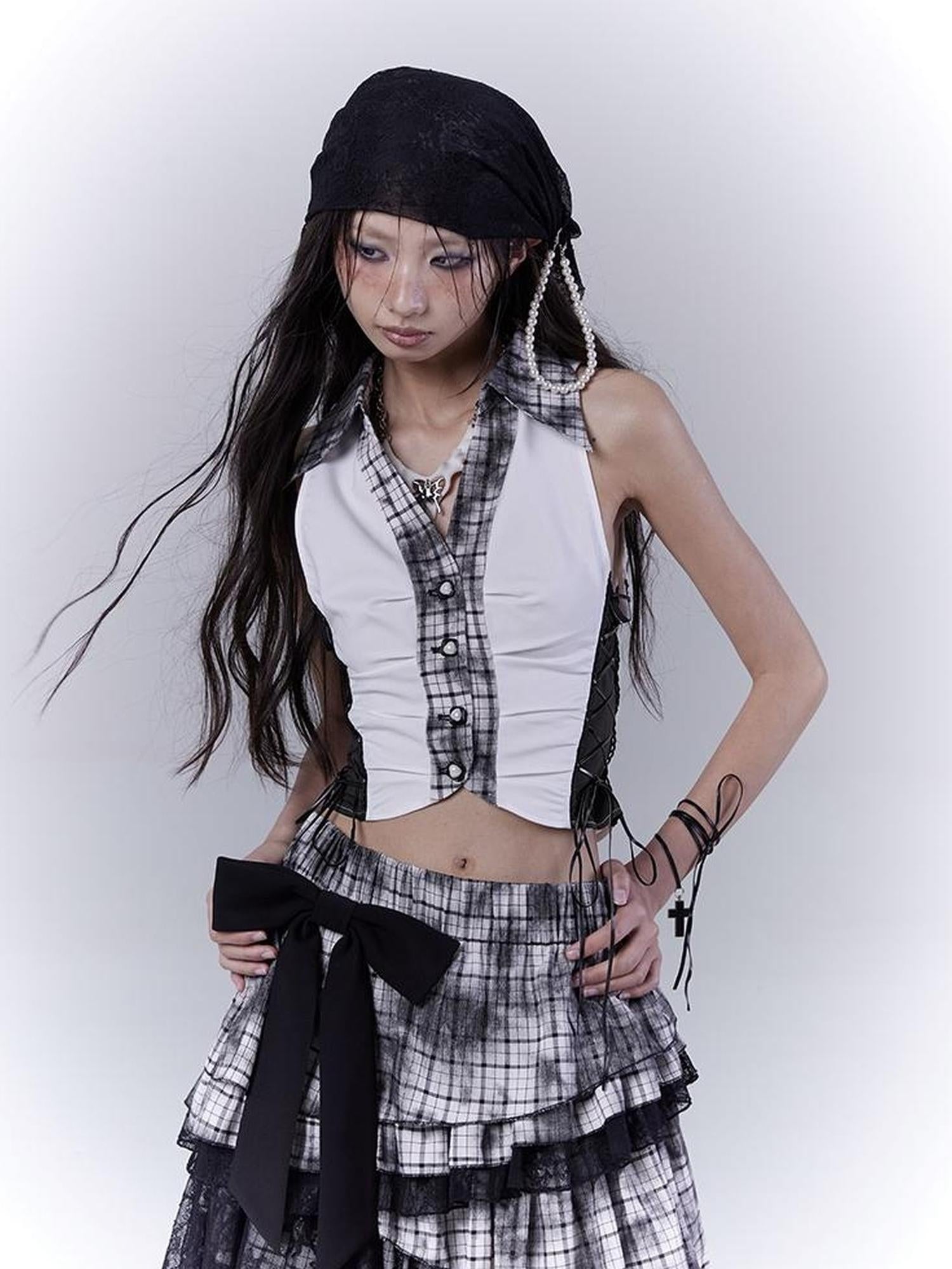 WSW WUSHENWU Slim Fit Checkered Spliced Shirt With Contrast Detailing