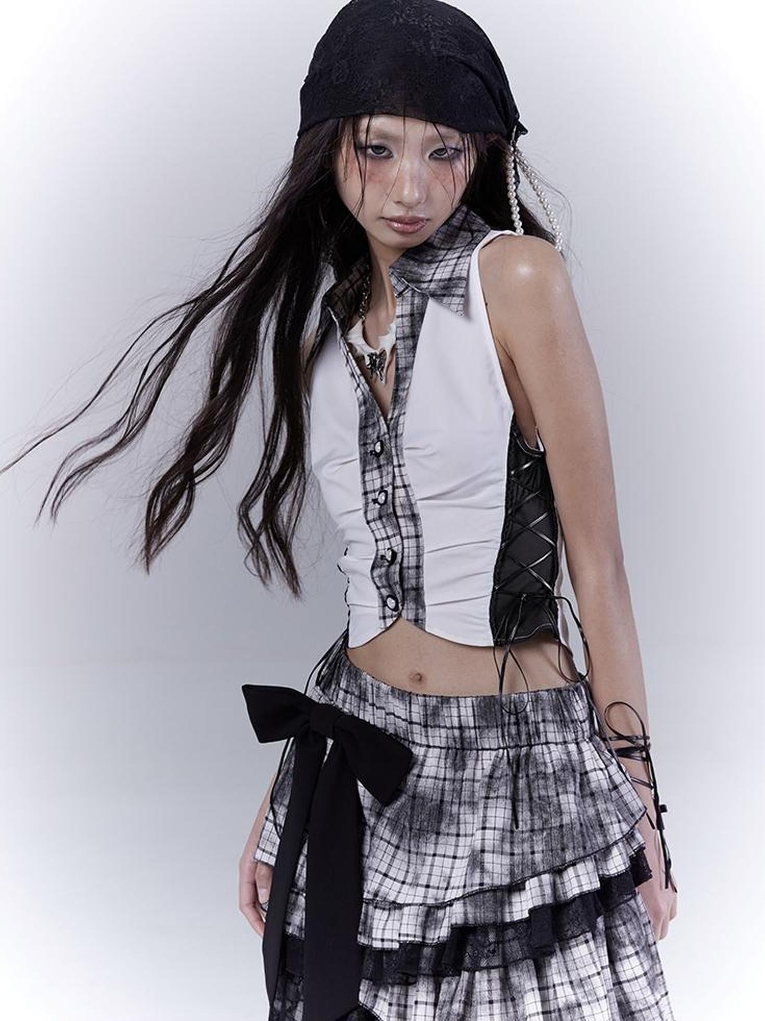 WSW WUSHENWU Slim Fit Checkered Spliced Shirt With Contrast Detailing