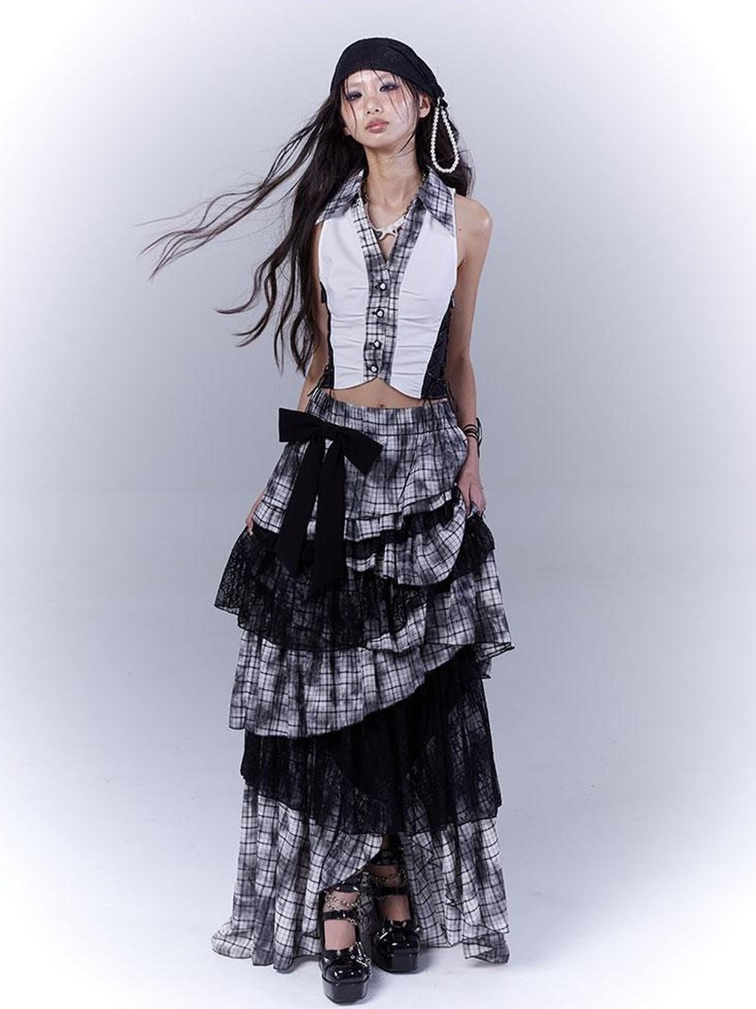 WSW WUSHENWU Slim Fit Checkered Spliced Shirt With Contrast Detailing