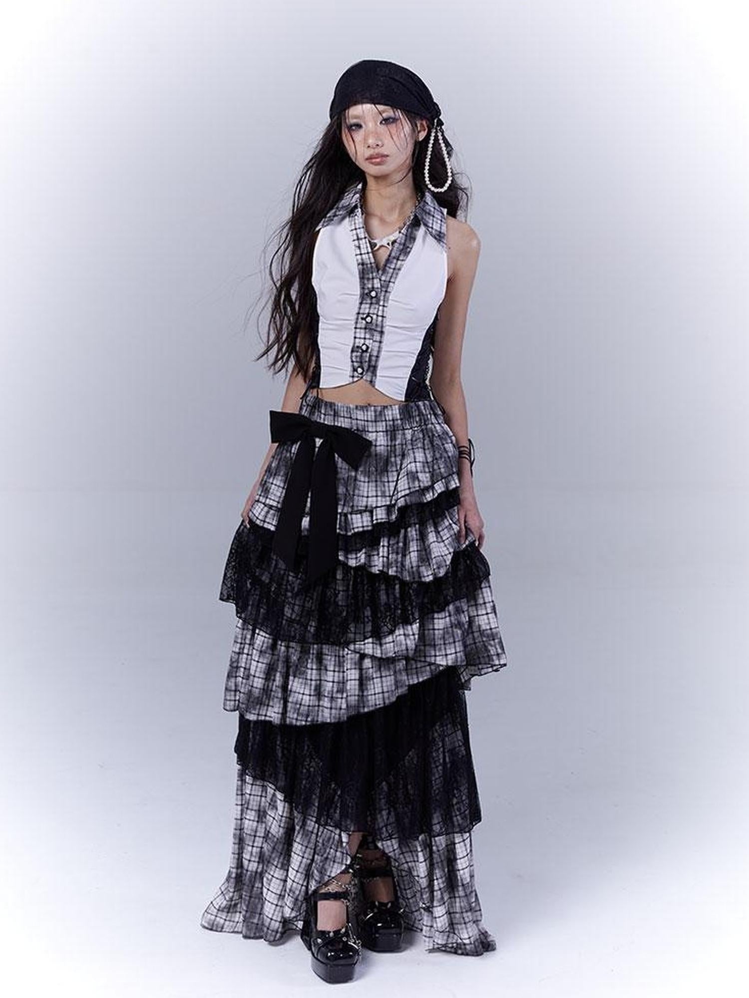 WSW WUSHENWU Slim Fit Checkered Spliced Shirt With Contrast Detailing