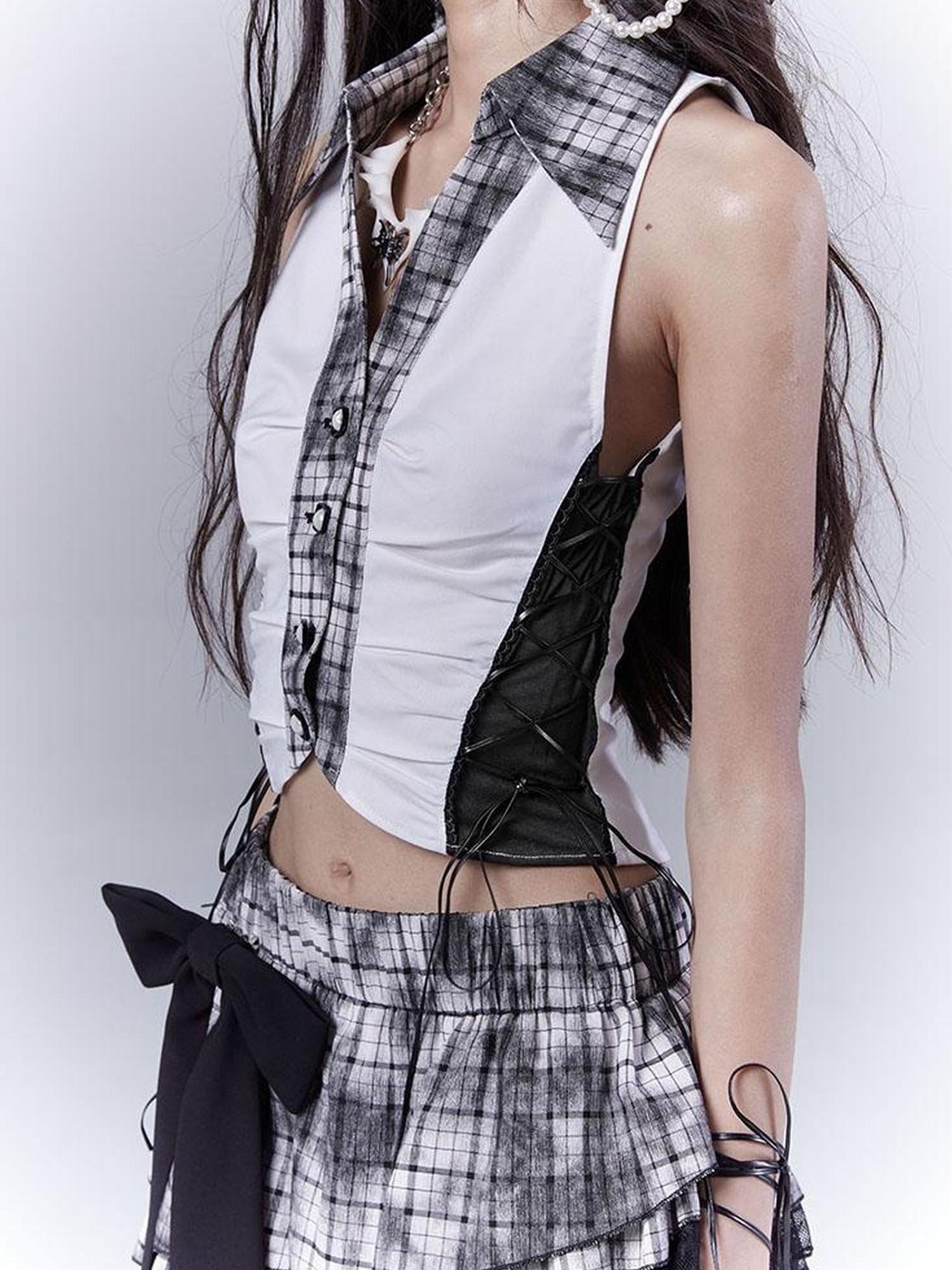 WSW WUSHENWU Slim Fit Checkered Spliced Shirt With Contrast Detailing