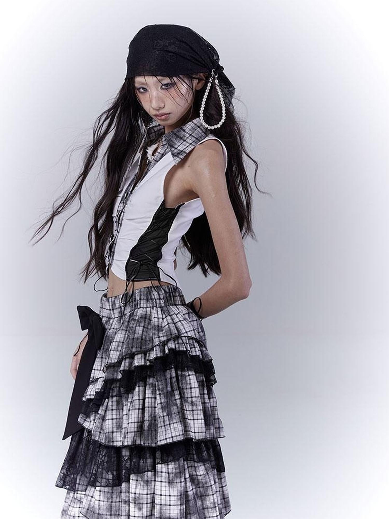 WSW WUSHENWU Slim Fit Checkered Spliced Shirt With Contrast Detailing