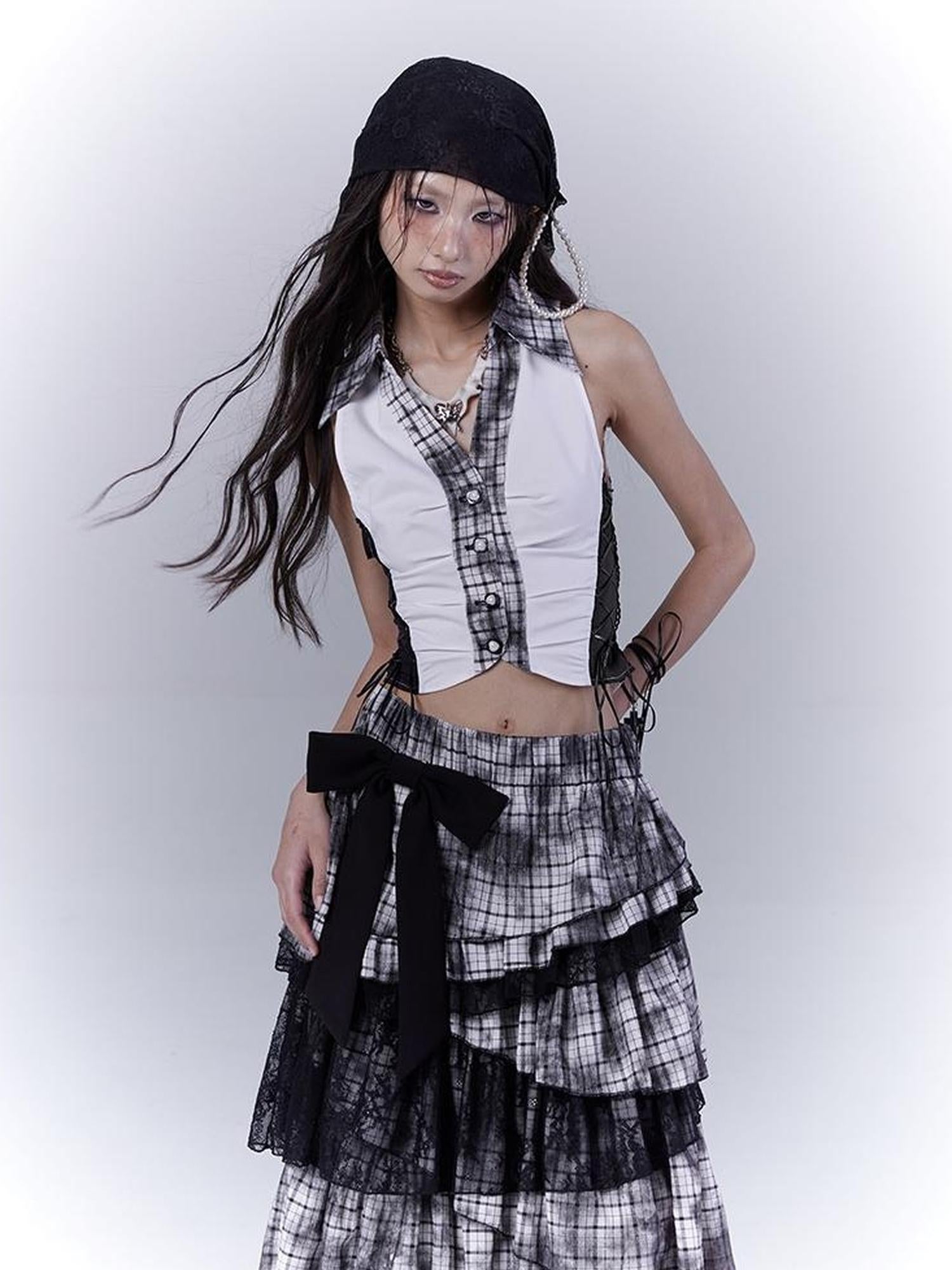 WSW WUSHENWU Slim Fit Checkered Spliced Shirt With Contrast Detailing