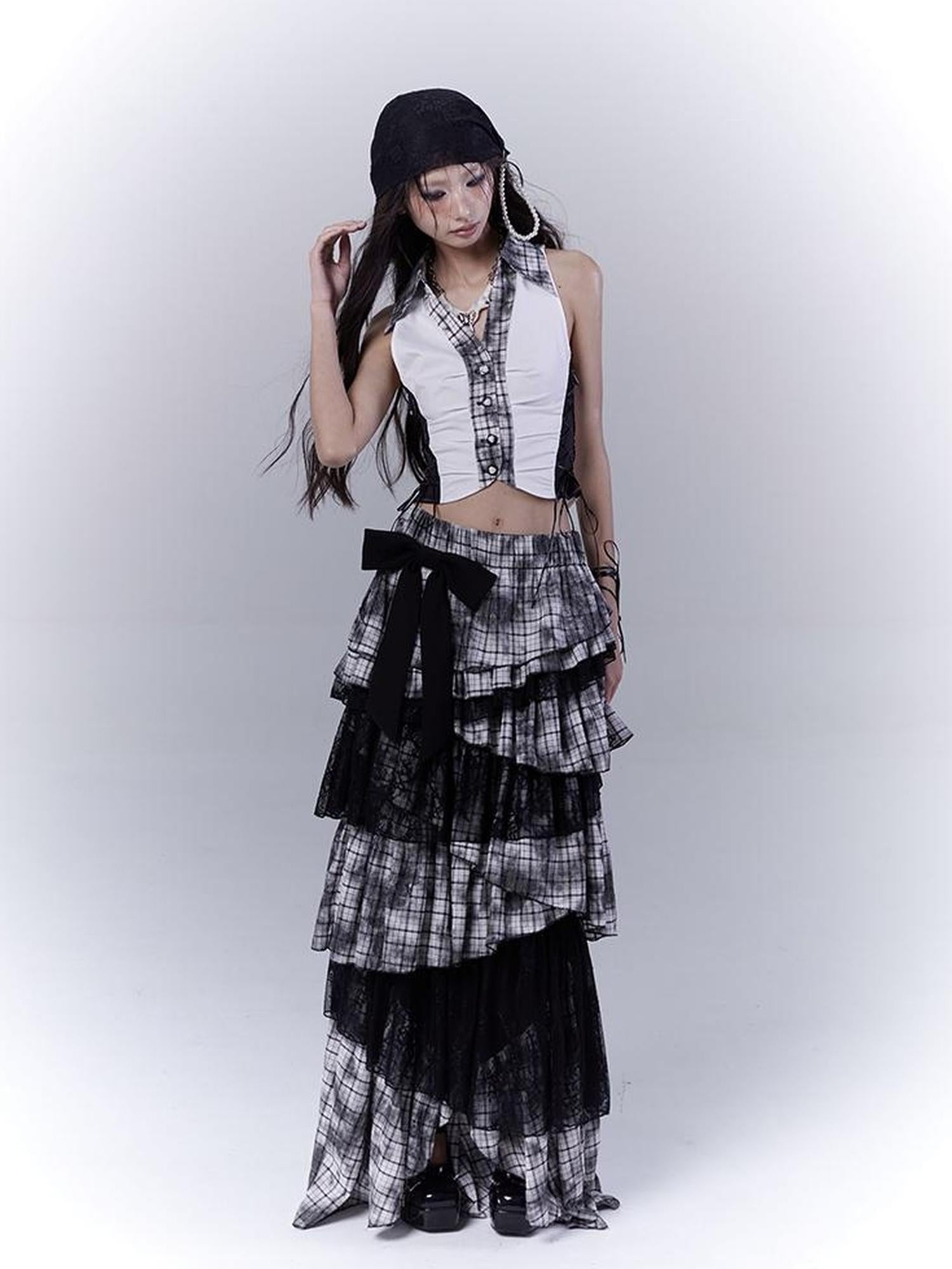 WSW WUSHENWU Slim Fit Checkered Spliced Shirt With Contrast Detailing
