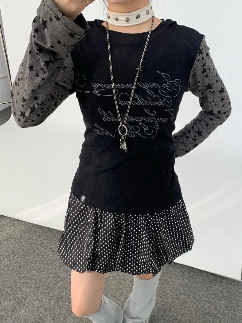 Slim Fit Hooded Round Neck Printed Patchwork T-Shirt
