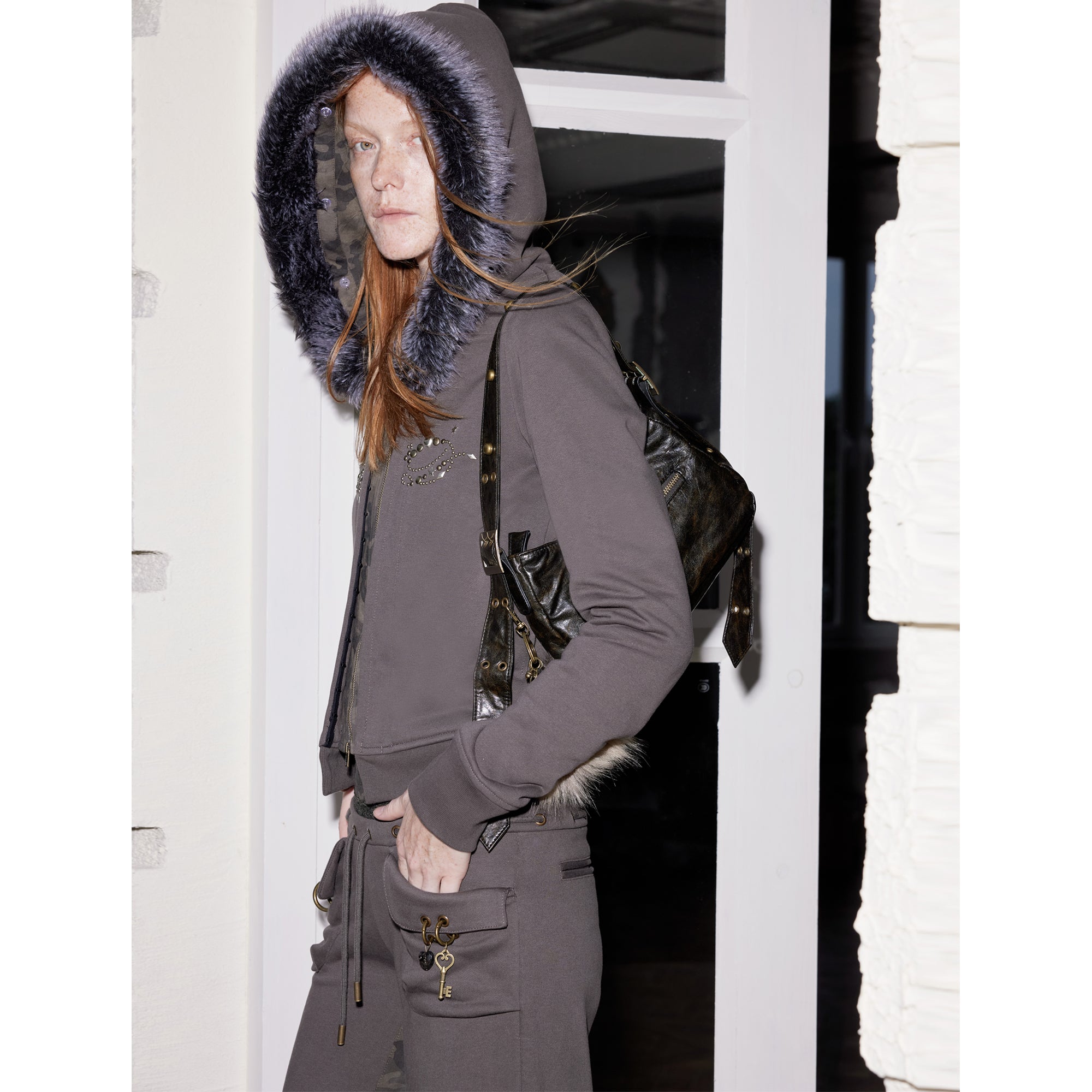 2th Desire Faux Fur Hoodie Camo Joggers Set Detachable Hood Grey Green