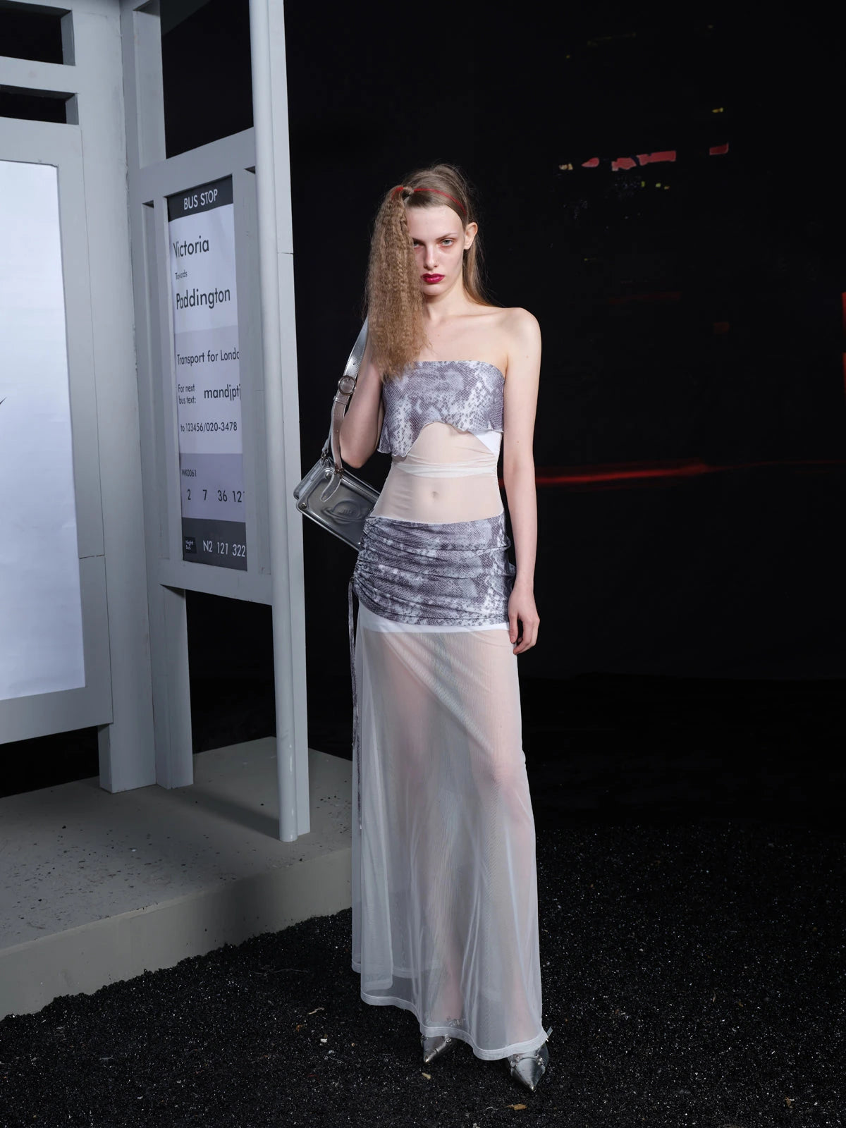 Sheer Mesh Paneled Dress V-neck T-shirt Long Sleeve