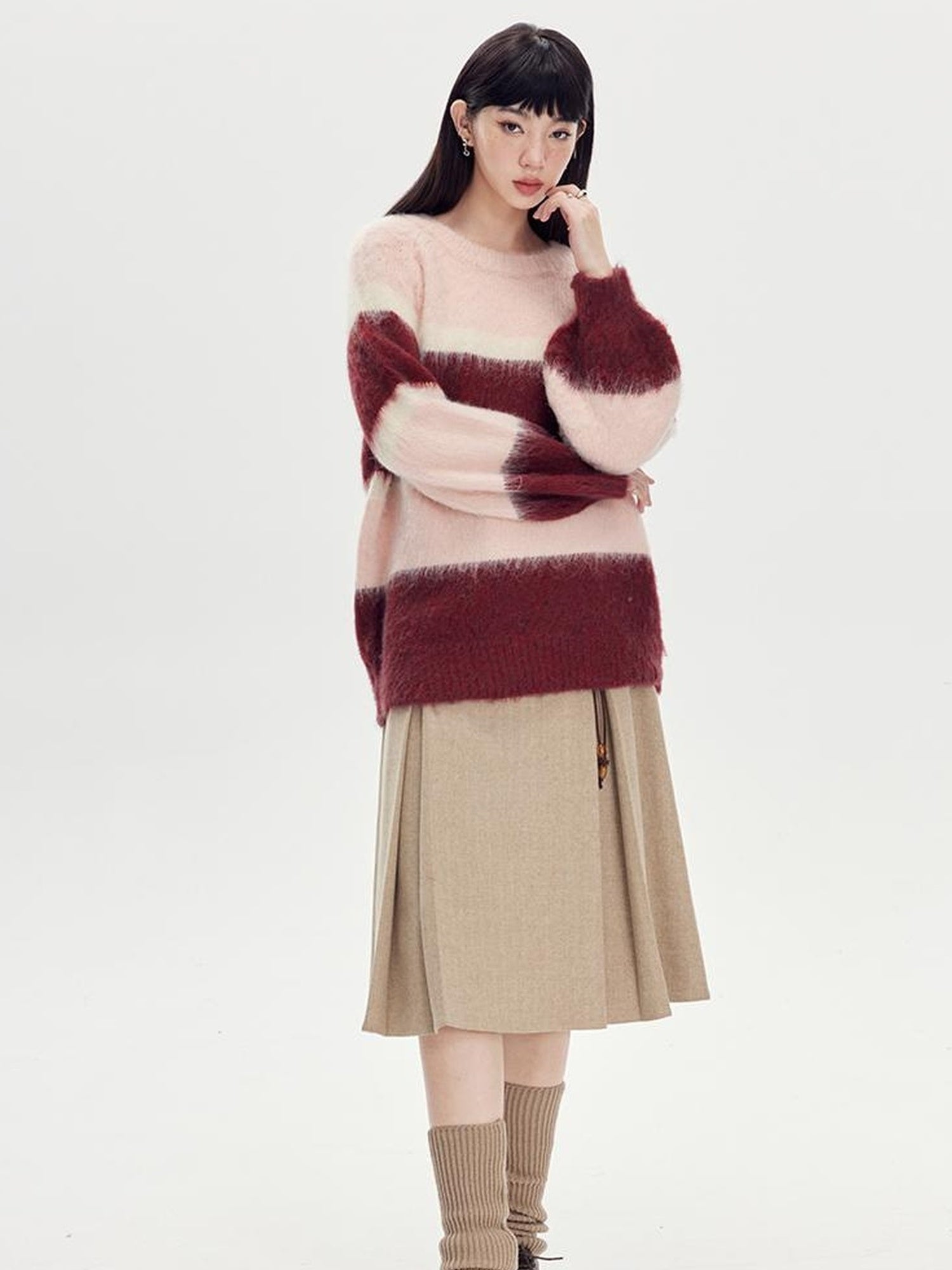 DIDDI MODA Soft Striped Knit Sweater With Colorblock Shoulder Cutout
