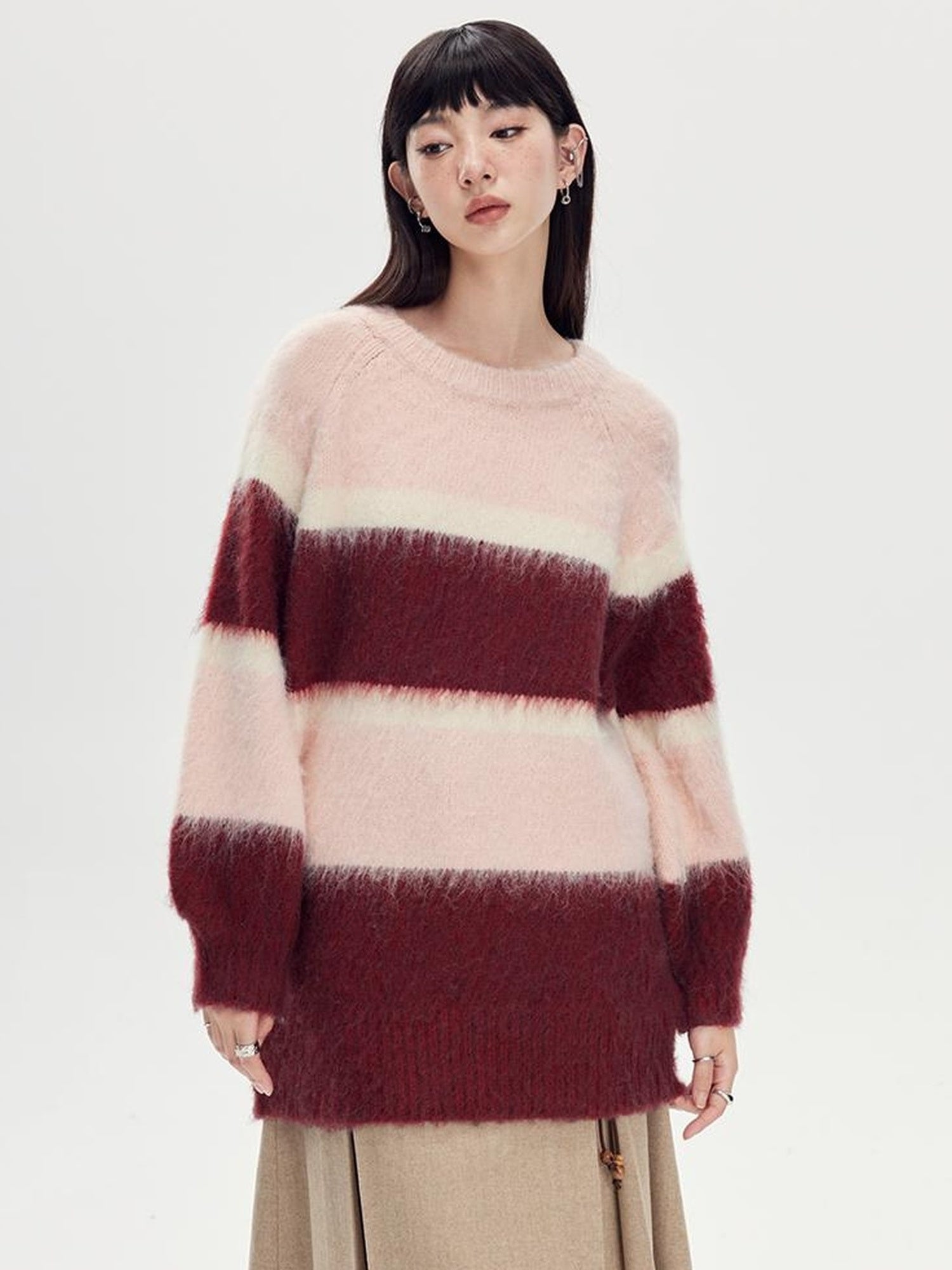 DIDDI MODA Soft Striped Knit Sweater With Colorblock Shoulder Cutout