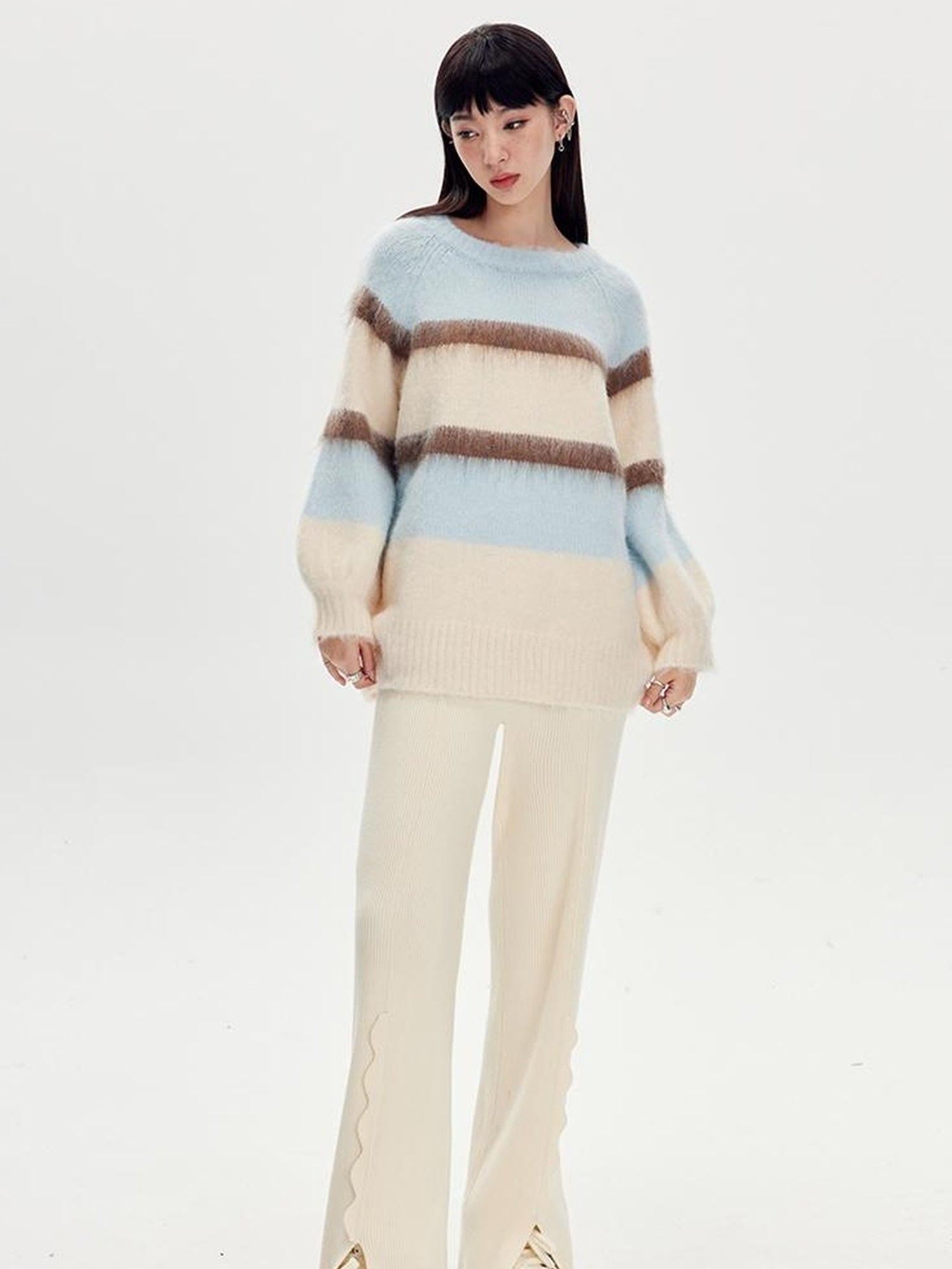 DIDDI MODA Soft Striped Knit Sweater With Colorblock Shoulder Cutout