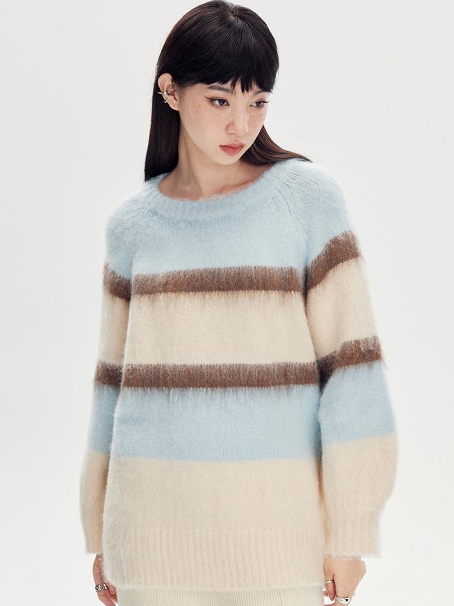DIDDI MODA Soft Striped Knit Sweater With Colorblock Shoulder Cutout