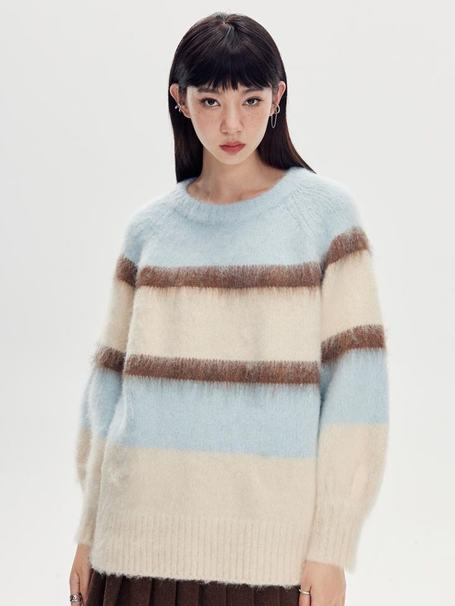 DIDDI MODA Soft Striped Knit Sweater With Colorblock Shoulder Cutout