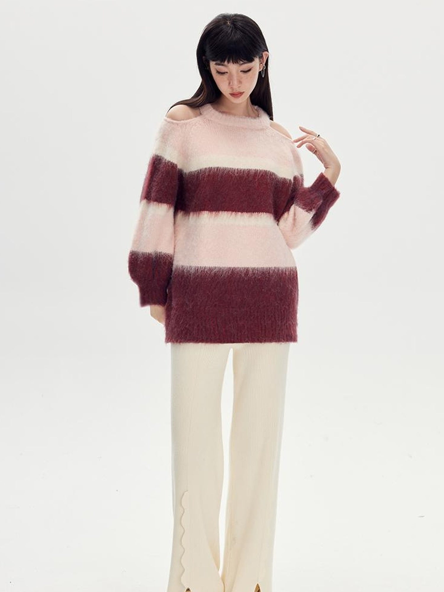 DIDDI MODA Soft Striped Knit Sweater With Colorblock Shoulder Cutout