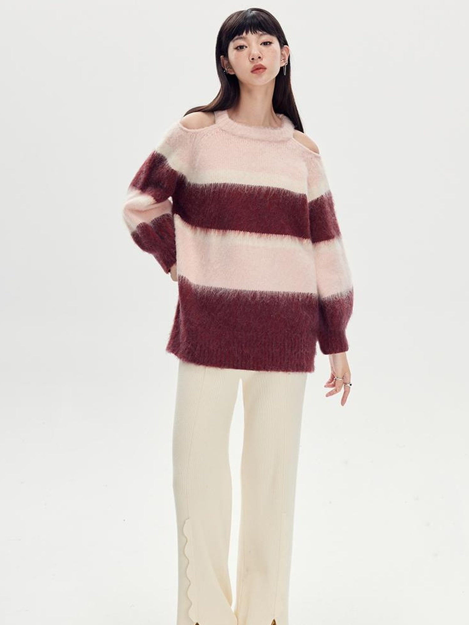 DIDDI MODA Soft Striped Knit Sweater With Colorblock Shoulder Cutout