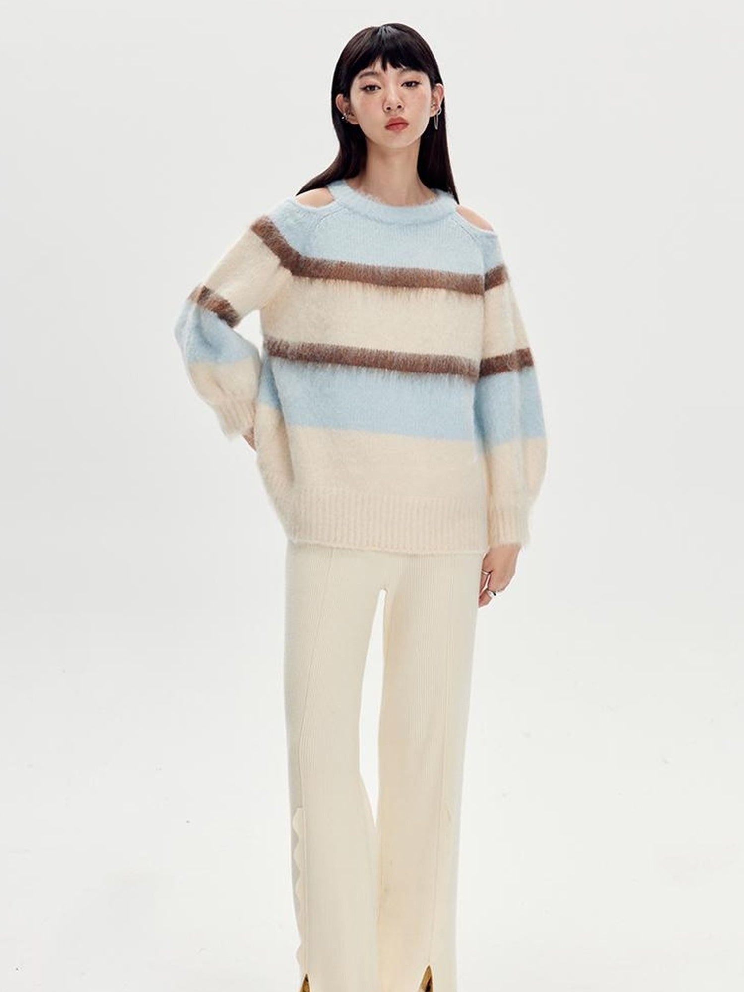 DIDDI MODA Soft Striped Knit Sweater With Colorblock Shoulder Cutout