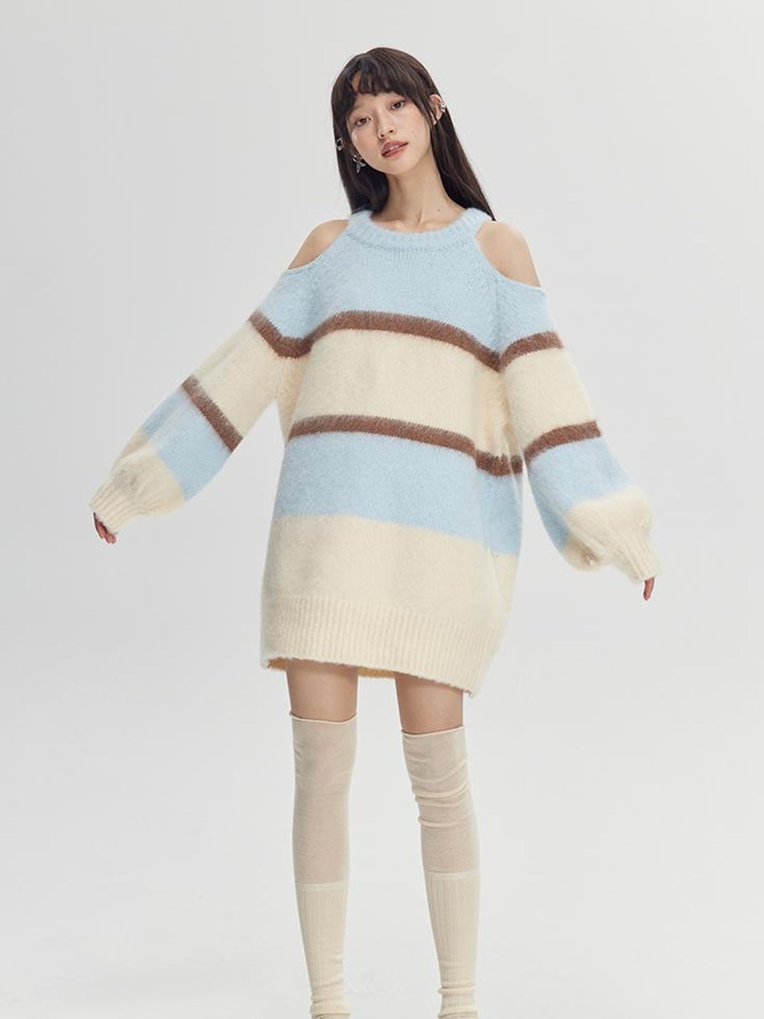 DIDDI MODA Soft Striped Knit Sweater With Colorblock Shoulder Cutout