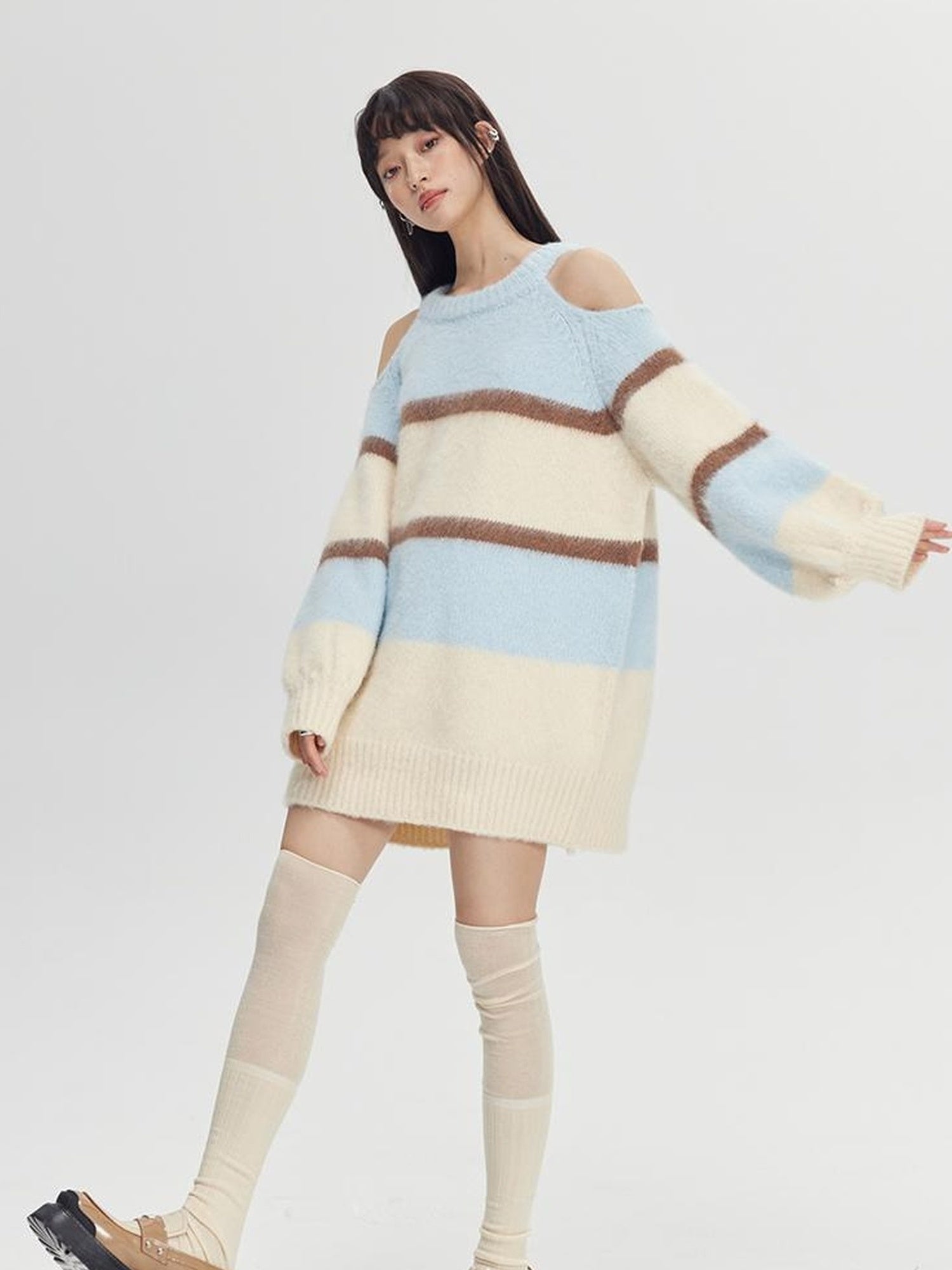 DIDDI MODA Soft Striped Knit Sweater With Colorblock Shoulder Cutout