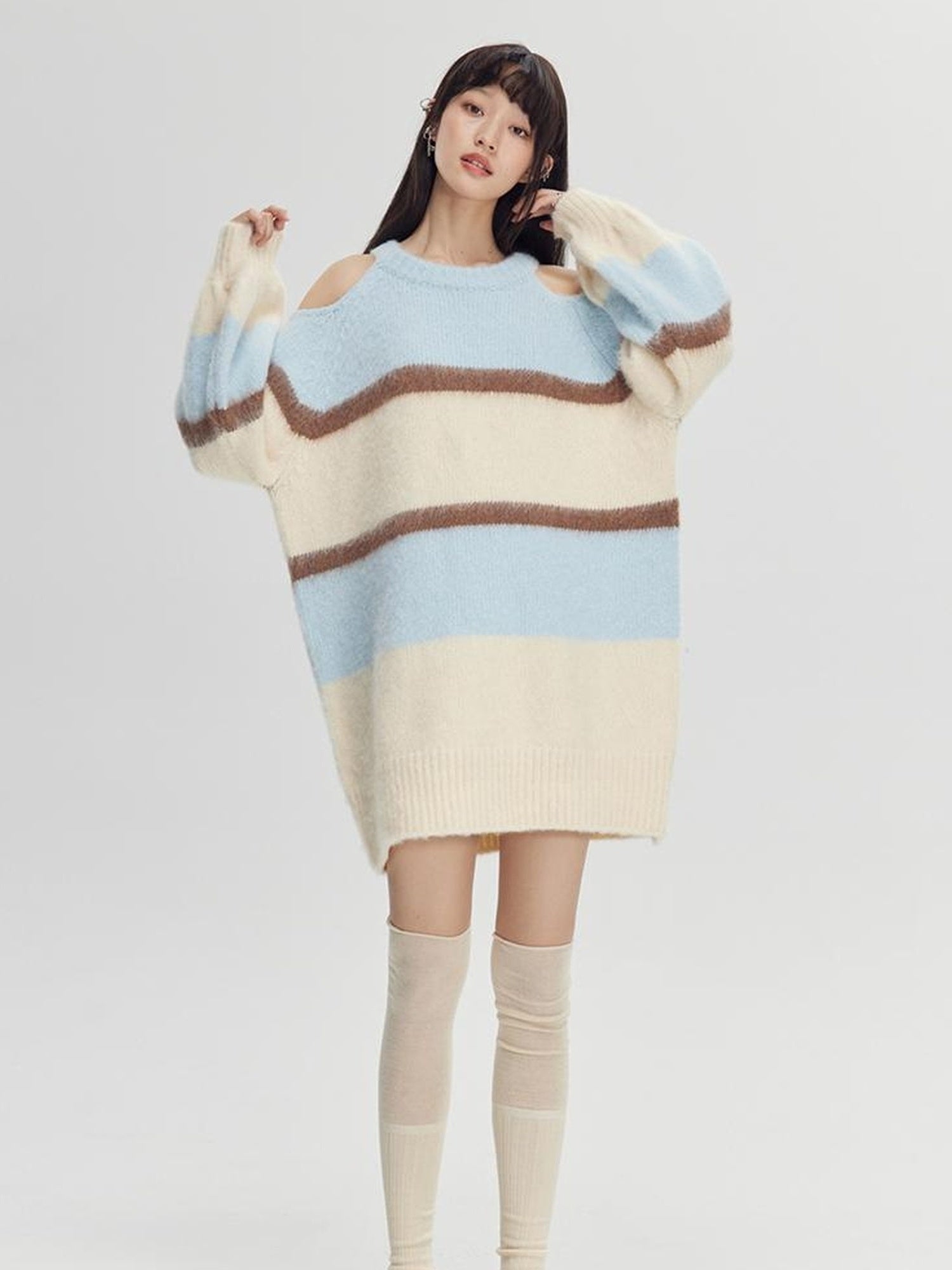 DIDDI MODA Soft Striped Knit Sweater With Colorblock Shoulder Cutout