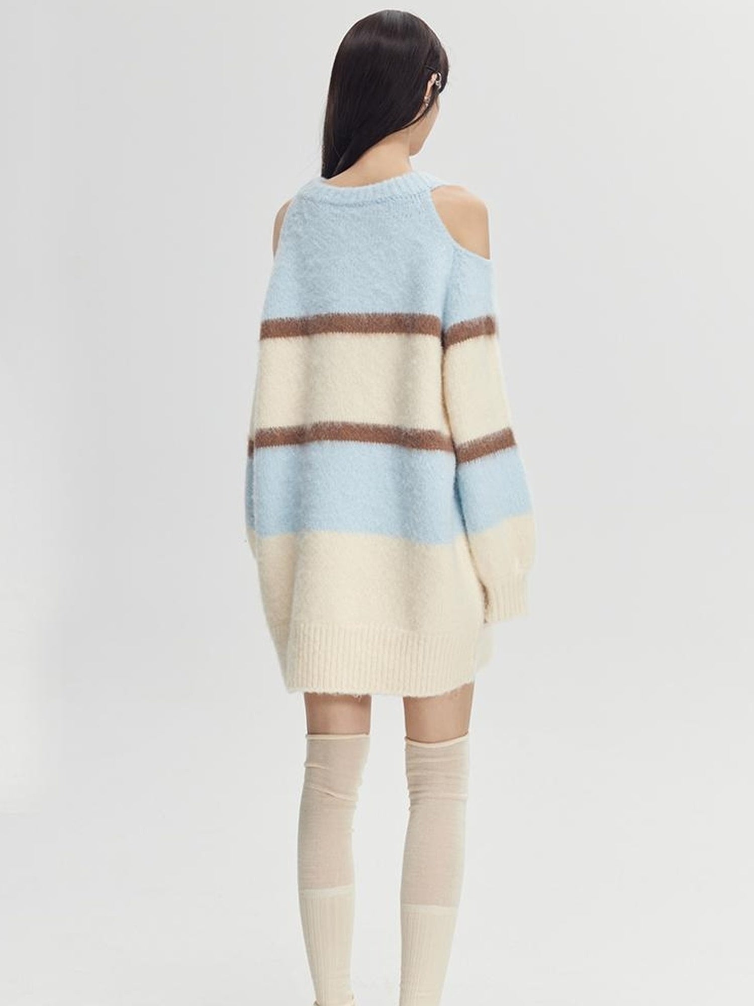 DIDDI MODA Soft Striped Knit Sweater With Colorblock Shoulder Cutout