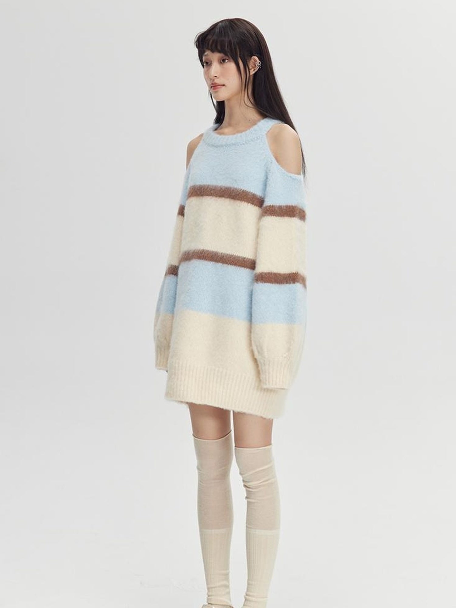 DIDDI MODA Soft Striped Knit Sweater With Colorblock Shoulder Cutout