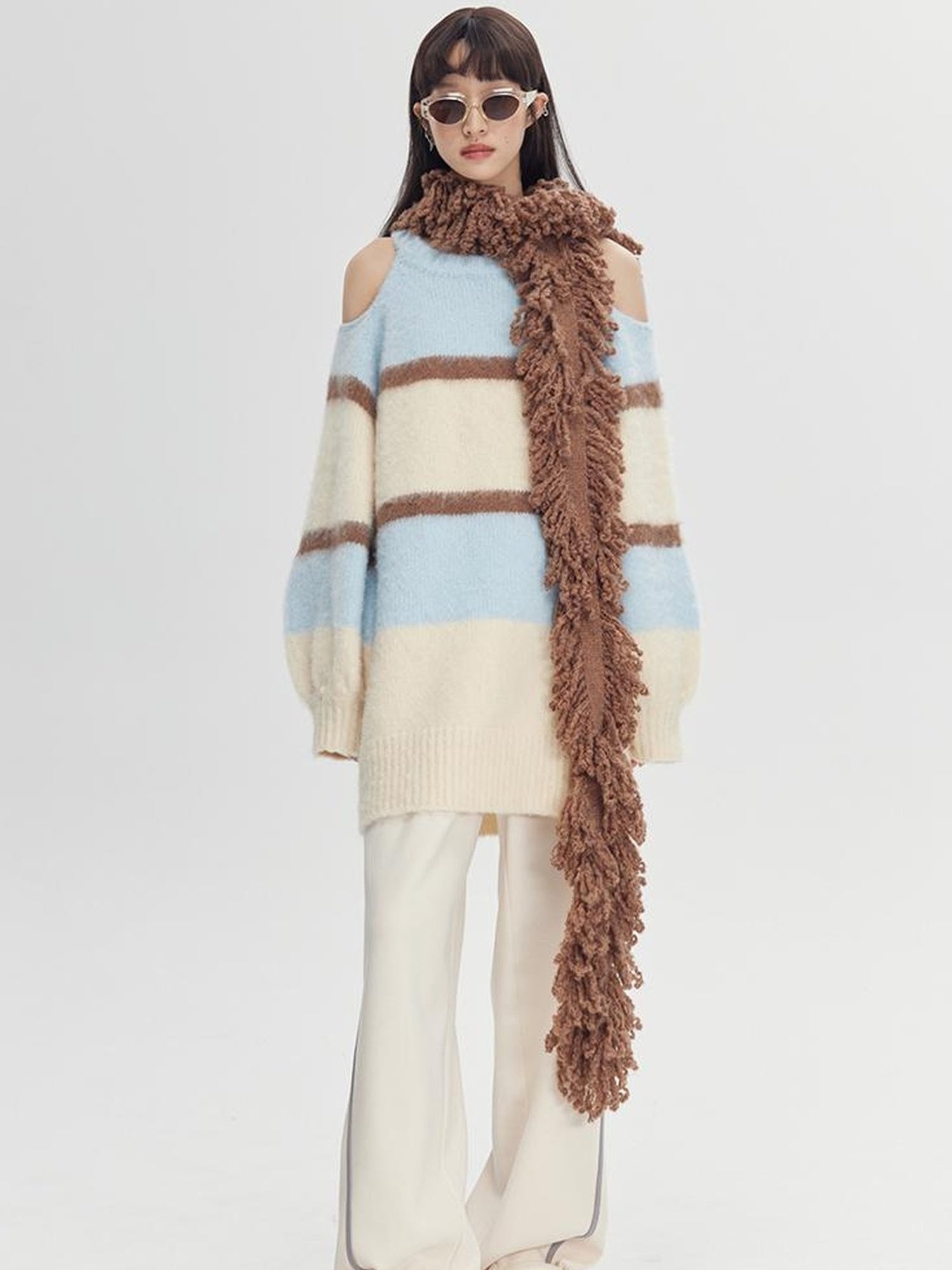 DIDDI MODA Soft Striped Knit Sweater With Colorblock Shoulder Cutout