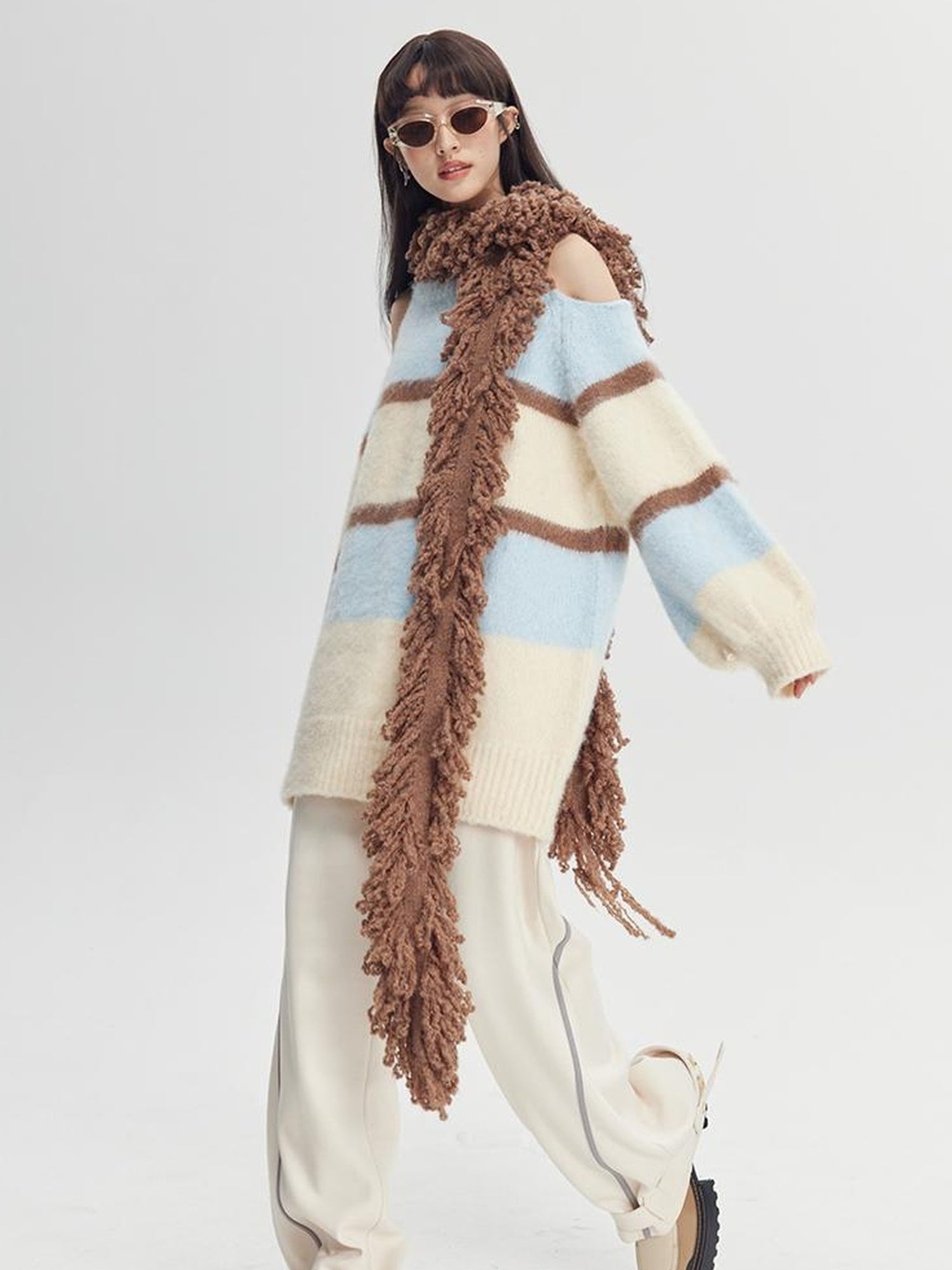 DIDDI MODA Soft Striped Knit Sweater With Colorblock Shoulder Cutout
