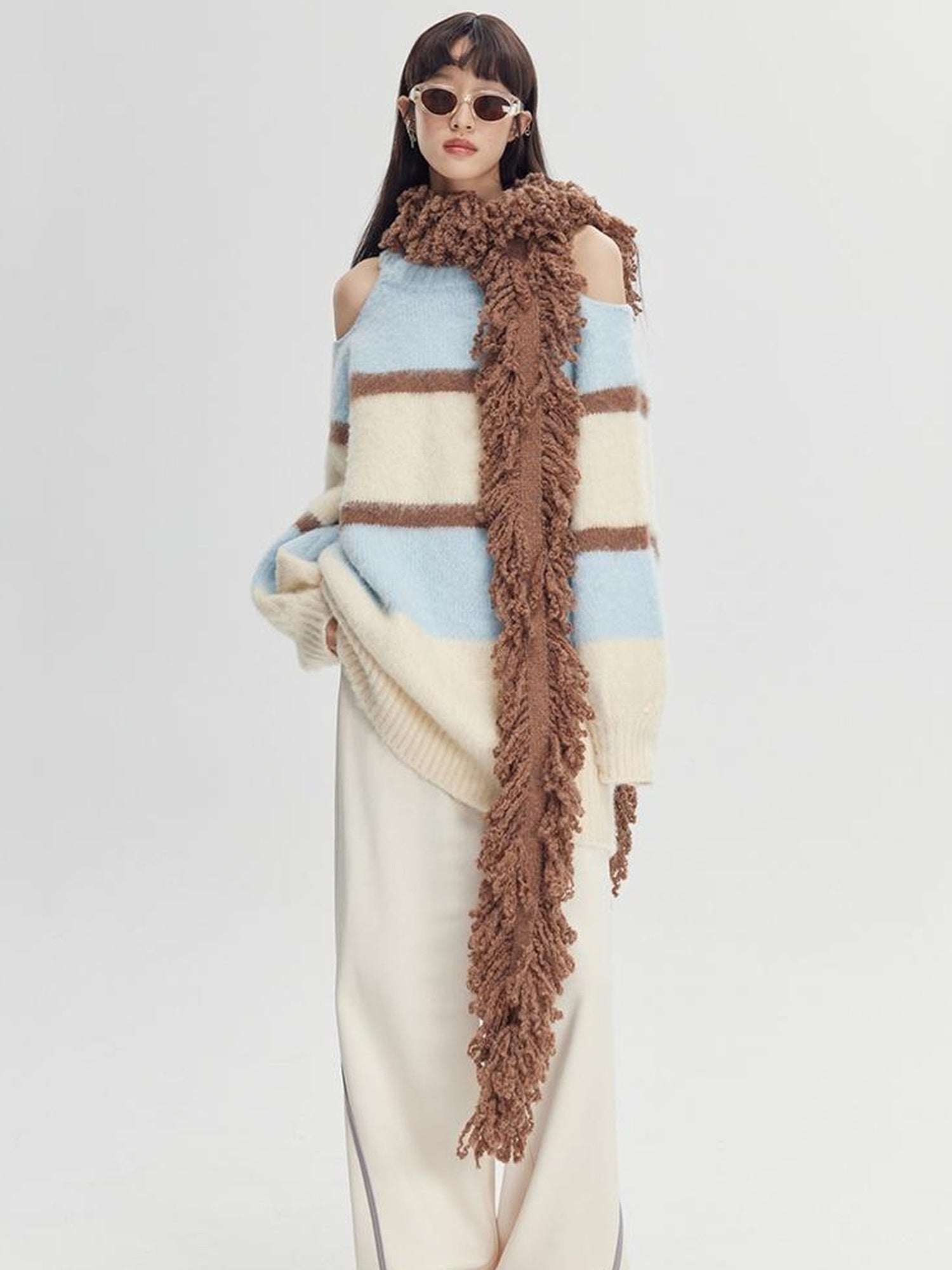 DIDDI MODA Soft Striped Knit Sweater With Colorblock Shoulder Cutout