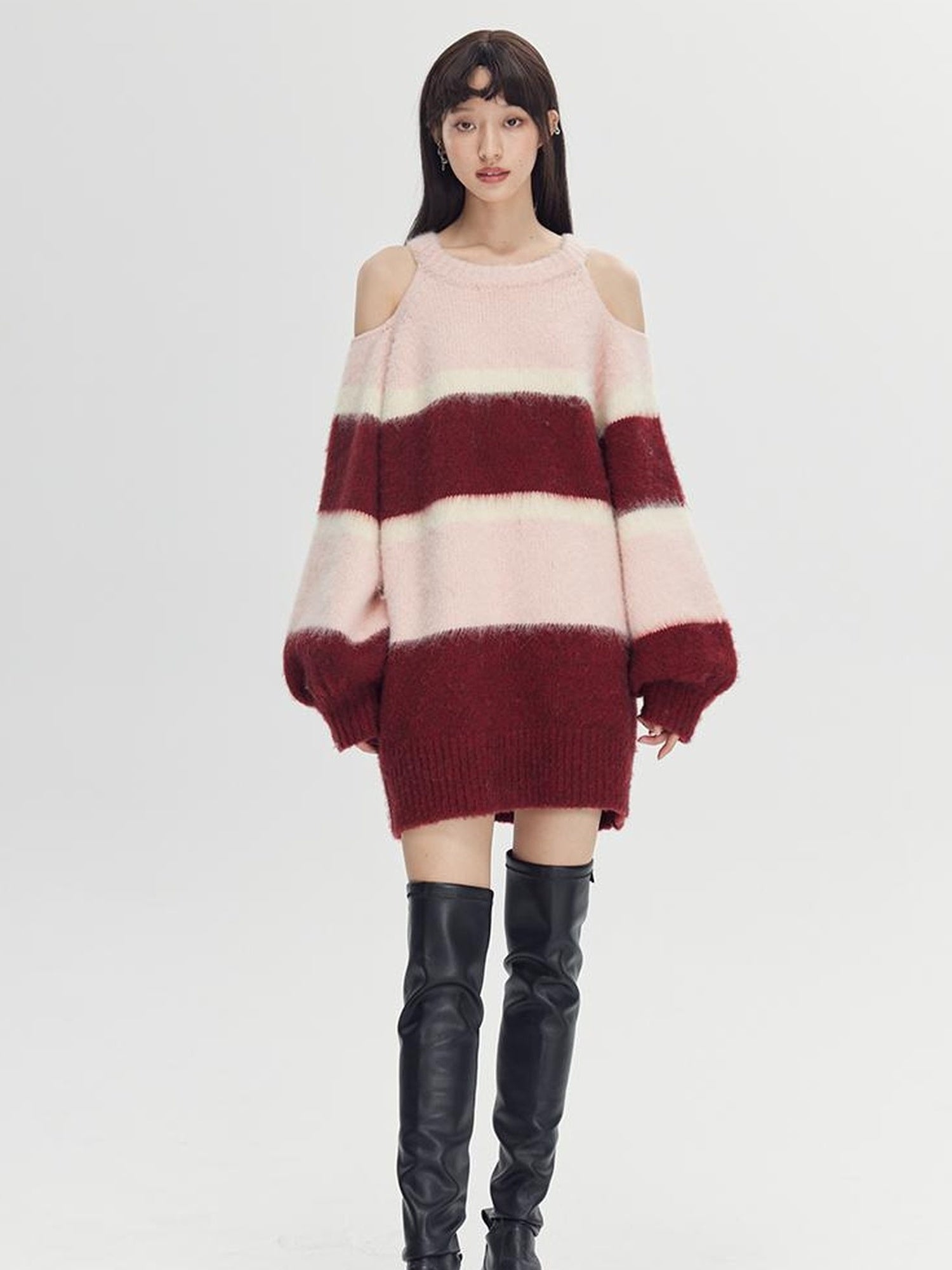 DIDDI MODA Soft Striped Knit Sweater With Colorblock Shoulder Cutout