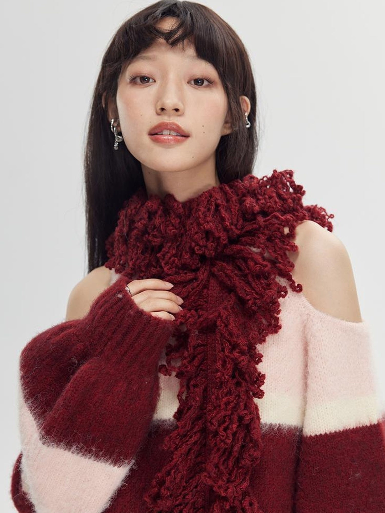 DIDDI MODA Soft Striped Knit Sweater With Colorblock Shoulder Cutout