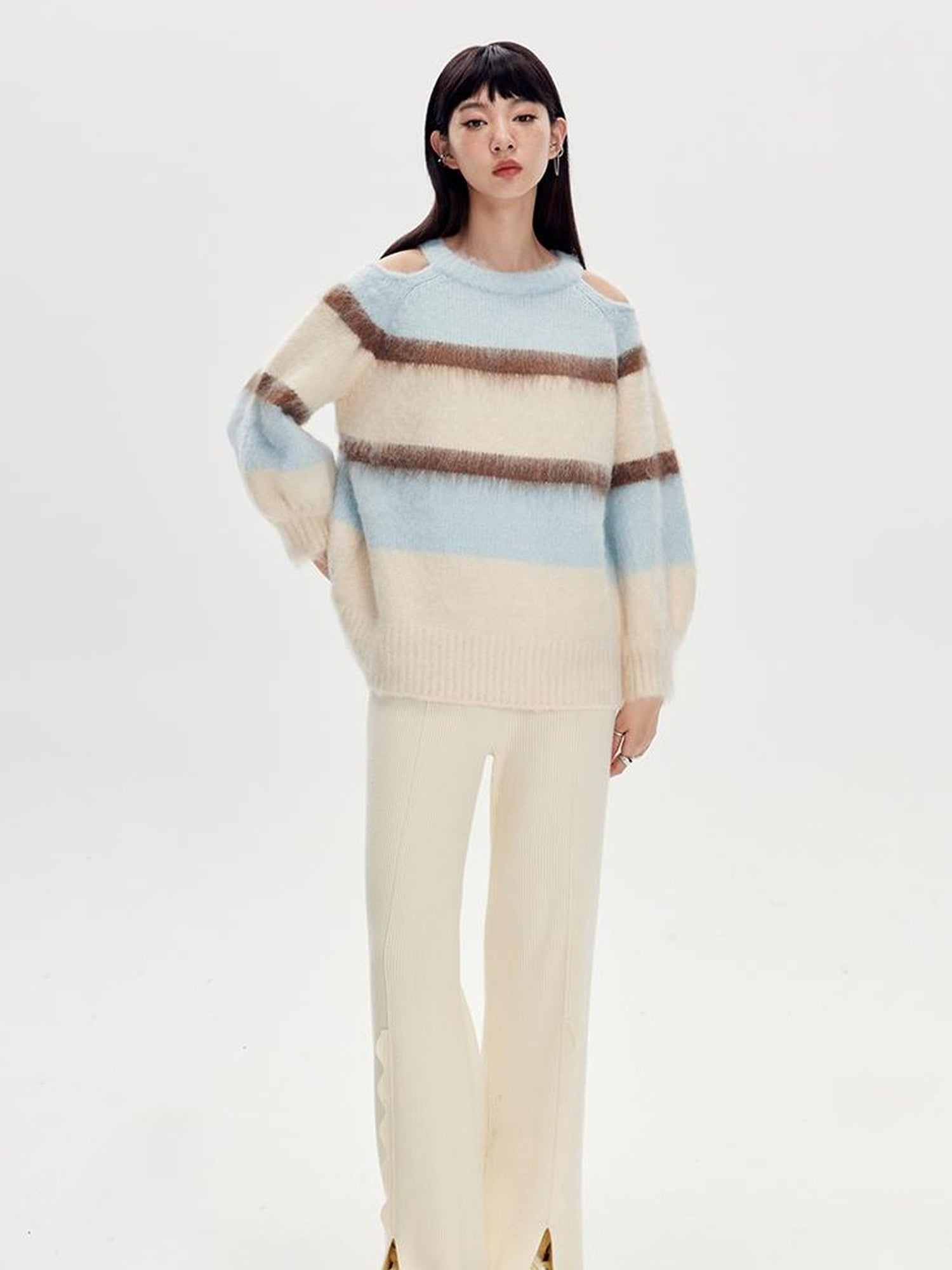 DIDDI MODA Soft Striped Knit Sweater With Colorblock Shoulder Cutout