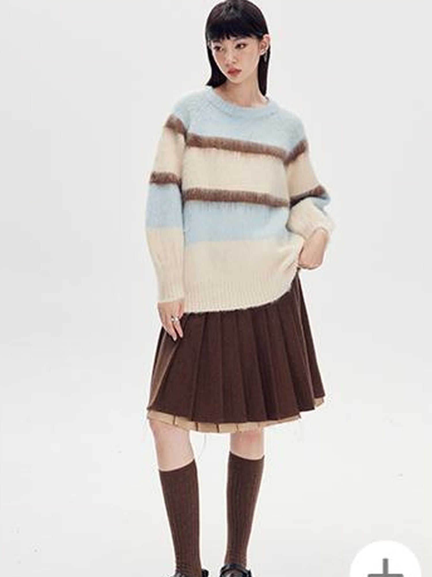 DIDDI MODA Soft Striped Knit Sweater With Colorblock Shoulder Cutout