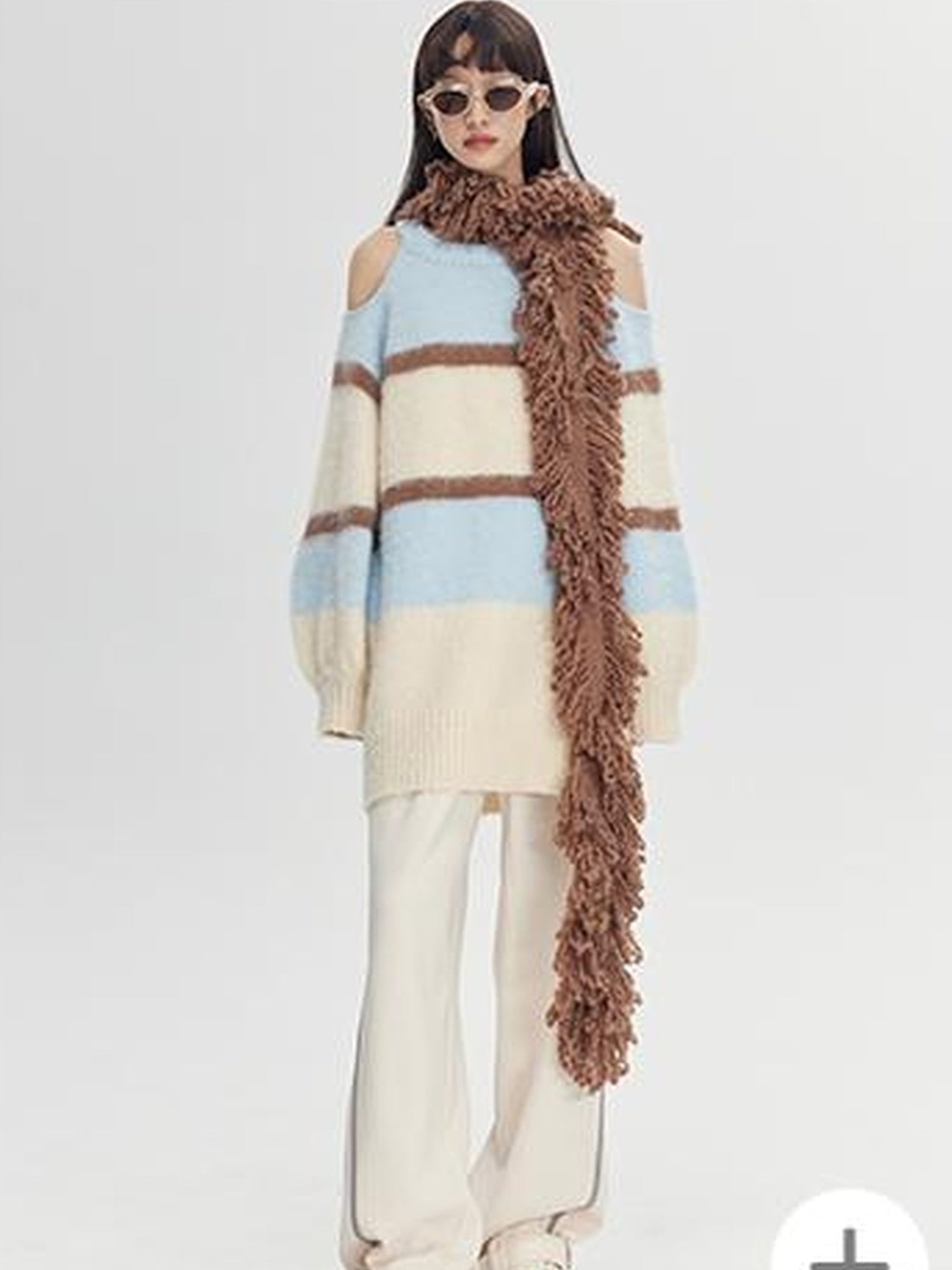 DIDDI MODA Soft Striped Knit Sweater With Colorblock Shoulder Cutout