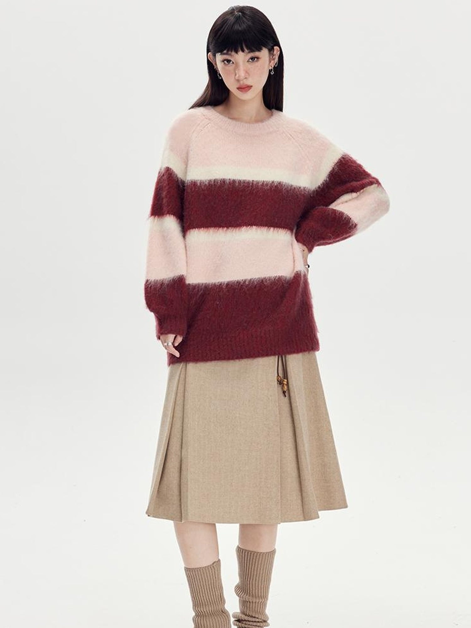DIDDI MODA Soft Striped Knit Sweater With Colorblock Shoulder Cutout