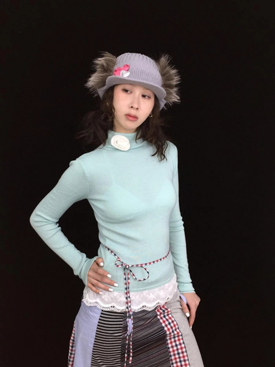 Soft Warm Lace Trim Semi-Turtle Neck Knit Top