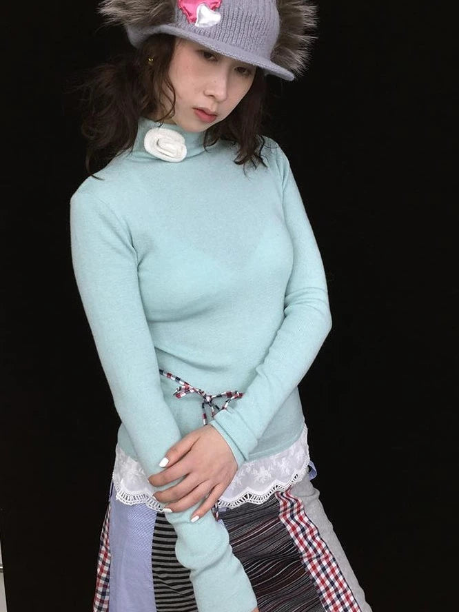 Soft Warm Lace Trim Semi-Turtle Neck Knit Top