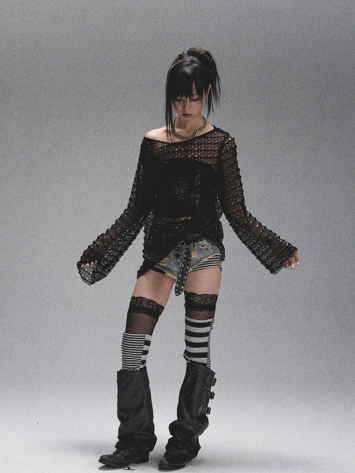 NONAME SPACE Spaca Mesh Shoulder Top With Free Scarf