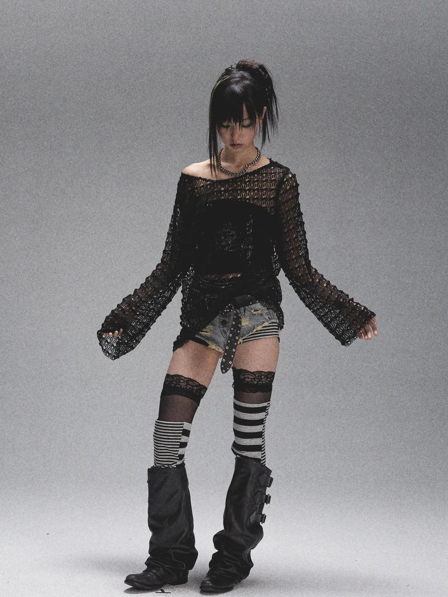 Spaca Mesh Shoulder Top With Free Scarf