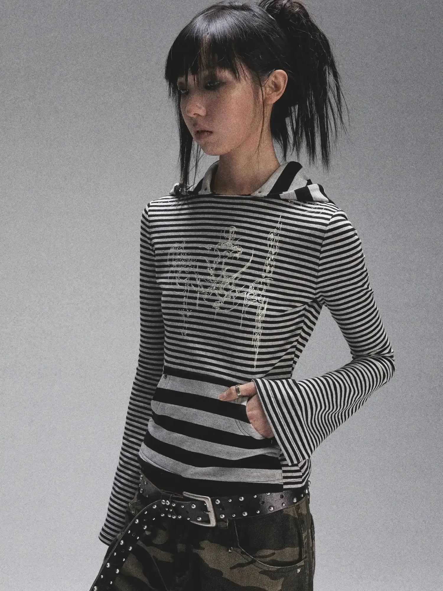 Space Cotton Stretch Cat Ear Patch Stripe Print Flap Pocket Pants Hood T