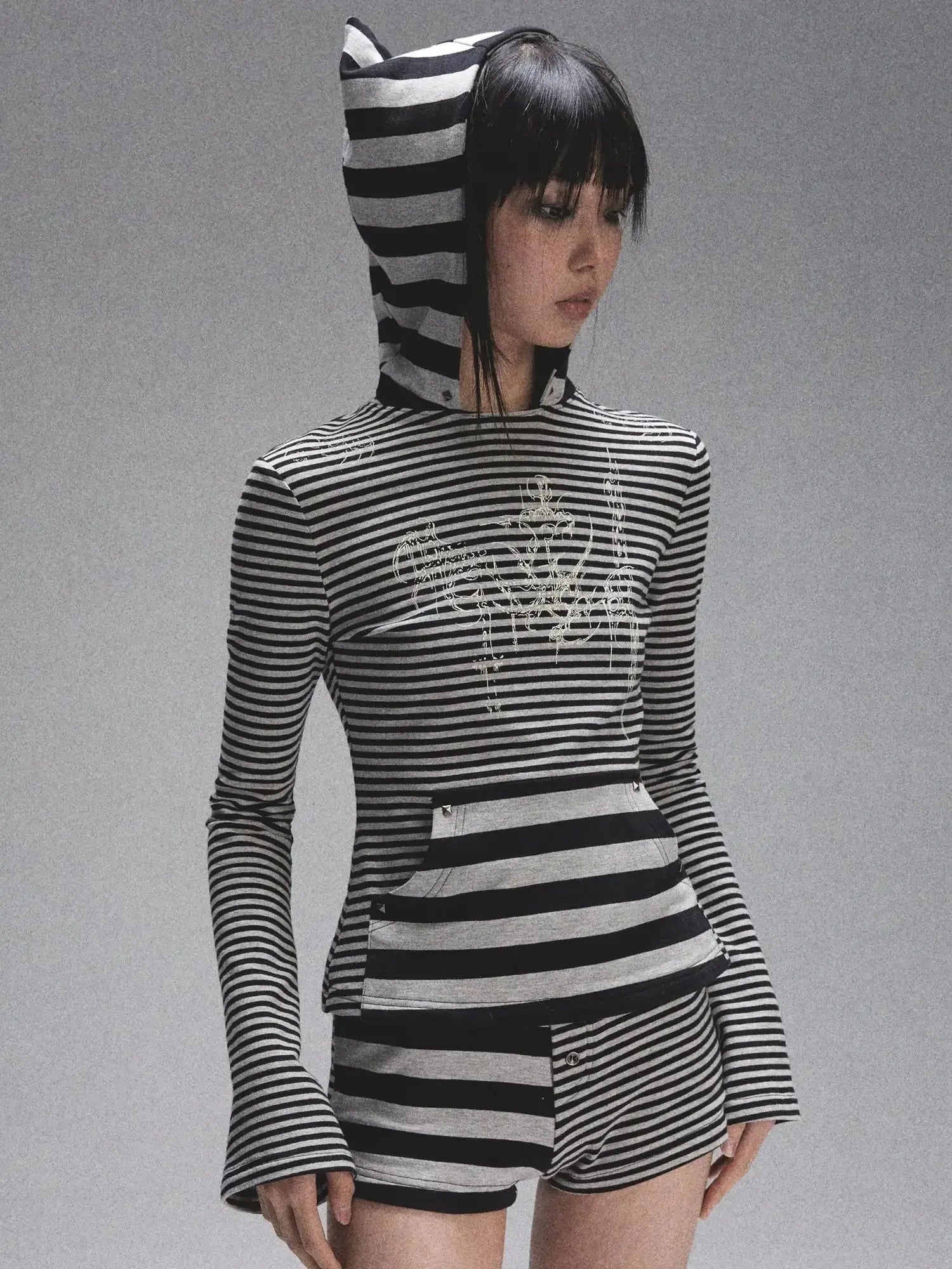 Space Cotton Stretch Cat Ear Patch Stripe Print Flap Pocket Pants Hood T