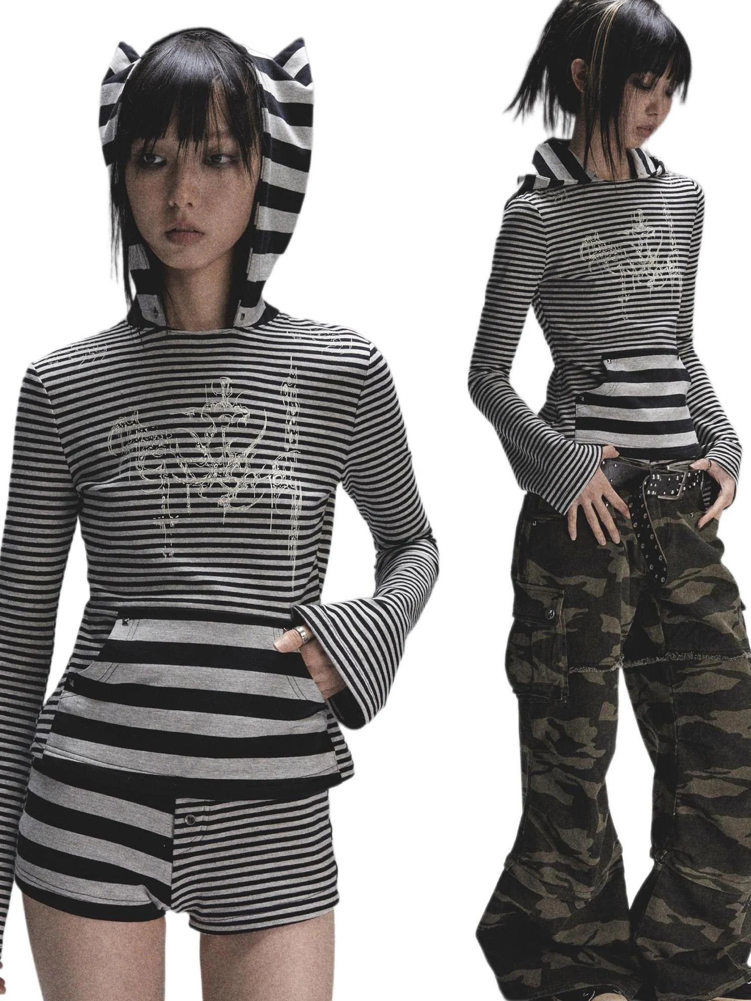 Space Cotton Stretch Cat Ear Patch Stripe Print Flap Pocket Pants Hood T