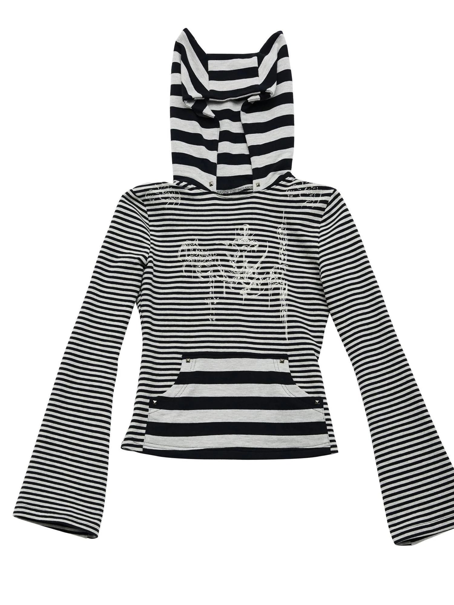 Space Cotton Stretch Cat Ear Patch Stripe Print Flap Pocket Pants Hood T